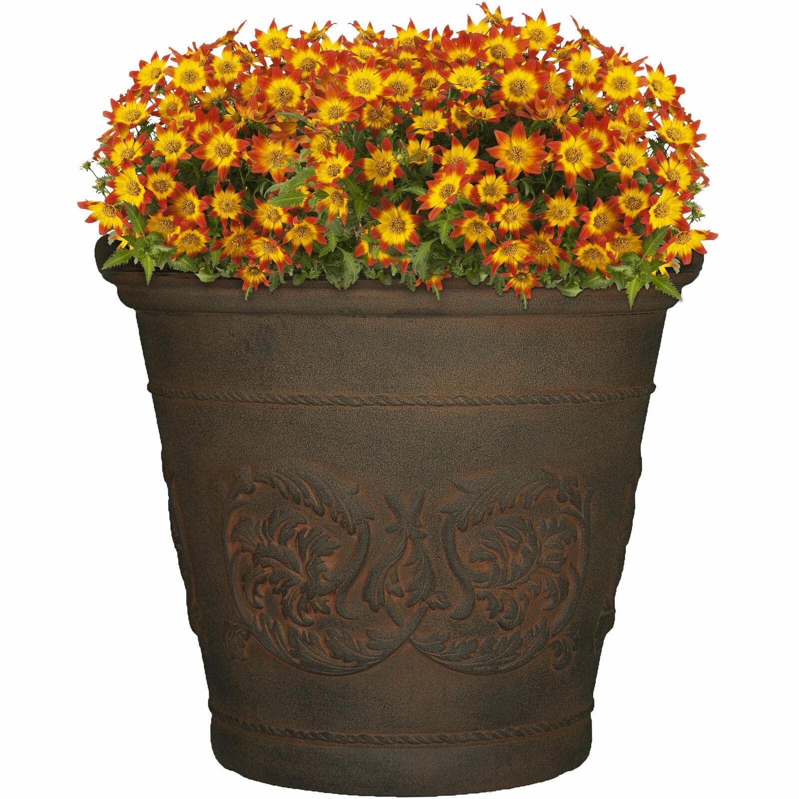 20 Inch Round Double Wall Polyresin Flower Pot - Indoor/Outdoor Garden Planter for Porch, Front Yard & Home Decor | Durable Sable Color Plant Container for Flowers, Succulents & Houseplants