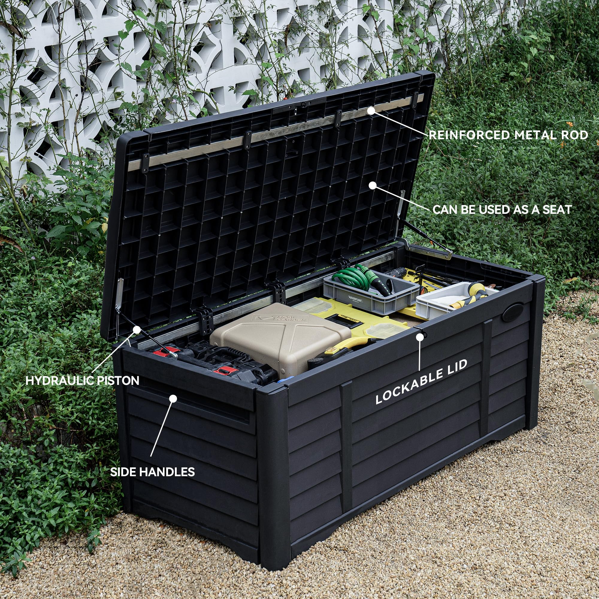 DWVO 120 Gallon Outdoor Storage Deck Box - Waterproof, Lockable Resin Storage Bench for Patio, Garden & Backyard - Durable Black Deck Box for Cushions, Toys & Pool Accessories