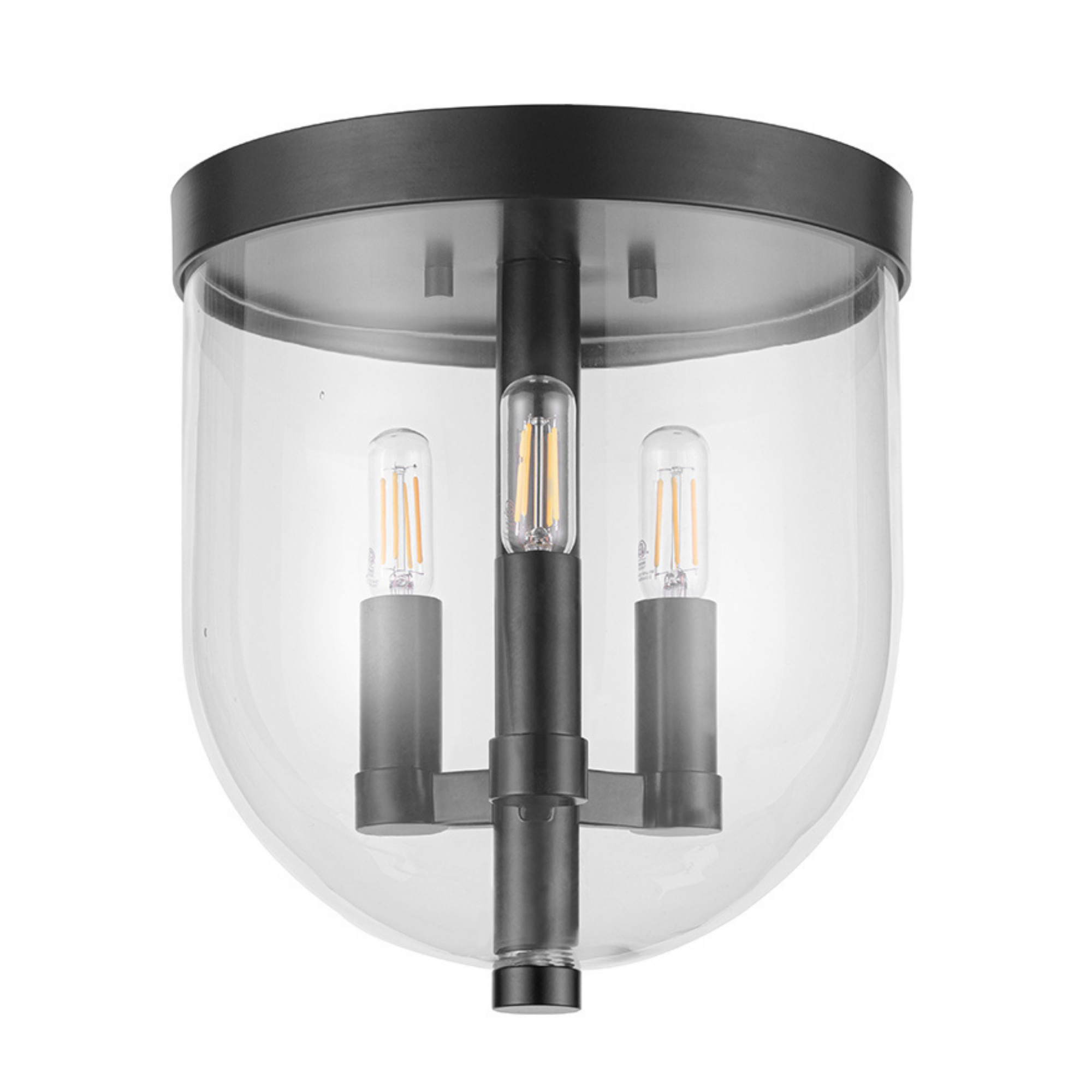 3-Light Hansley Flush Mount Ceiling Light Fixture - Matte Black with Clear Glass Shades - Perfect for Bedroom, Hallway, or Entryway Lighting