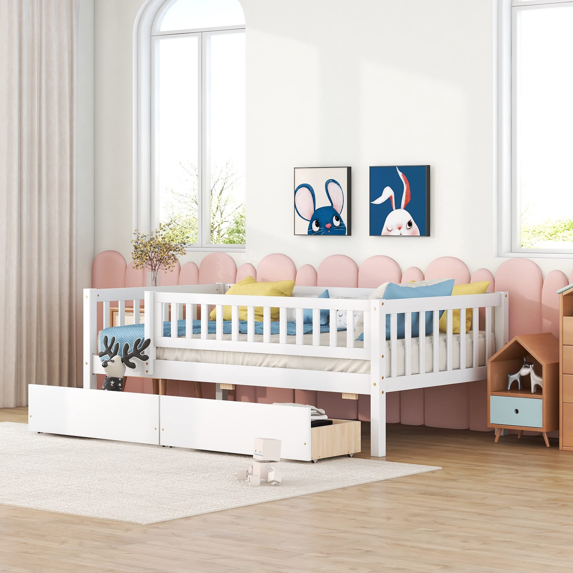 Montessori Twin Size Wooden Toddler Bed with Safety Rails & Storage Drawers - White Kids Daybed for Boys & Girls - Perfect for Montessori Bedrooms, Daycare, and Safe Toddler Sleep Spaces