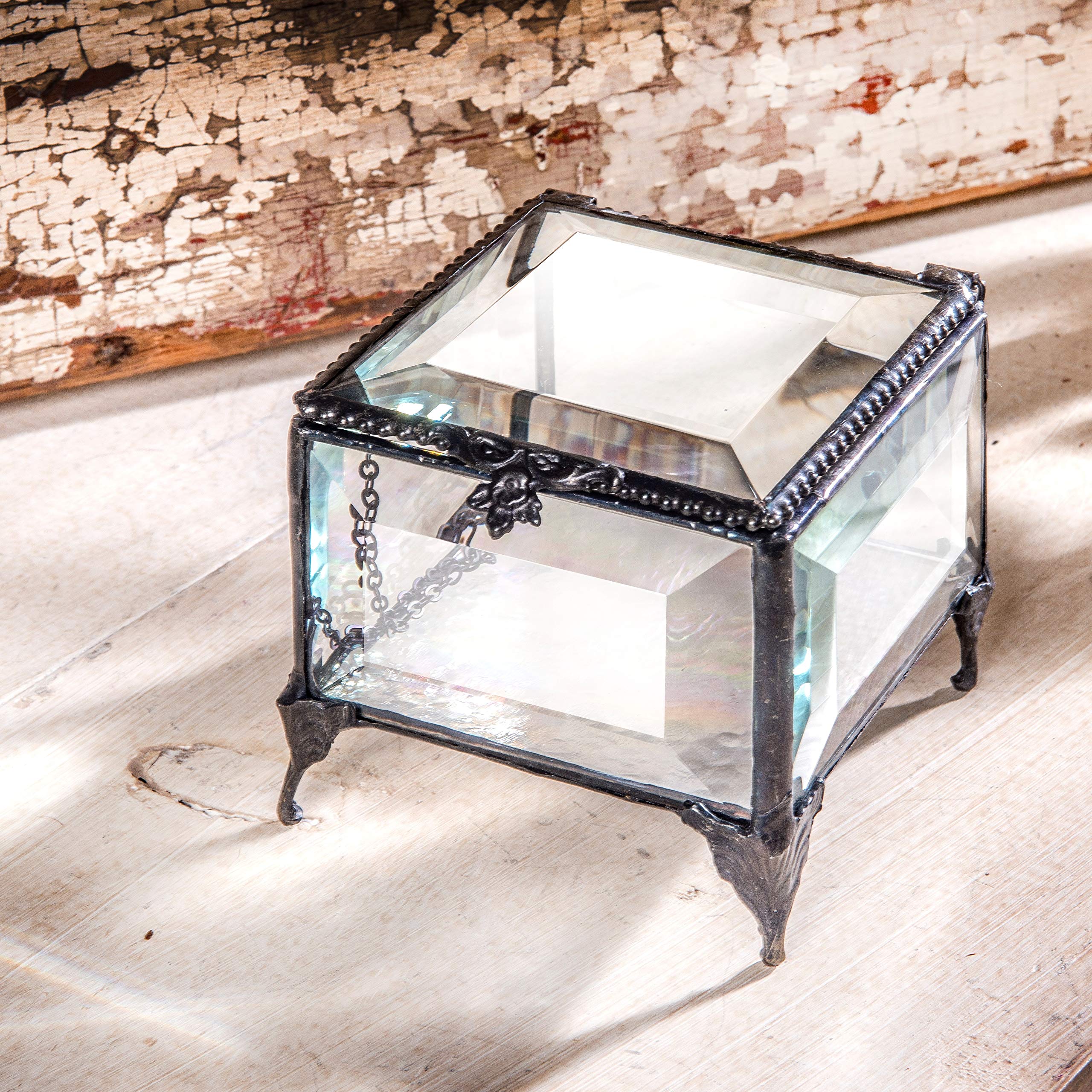 Iridescent Beveled Glass Jewelry Box with Hinged Lid & Decorative Feet - Elegant Keepsake Storage for Wedding, Anniversary Gifts & Special Occasions - Perfect for Displaying Rings, Necklaces & Treasures on Dresser or Vanity