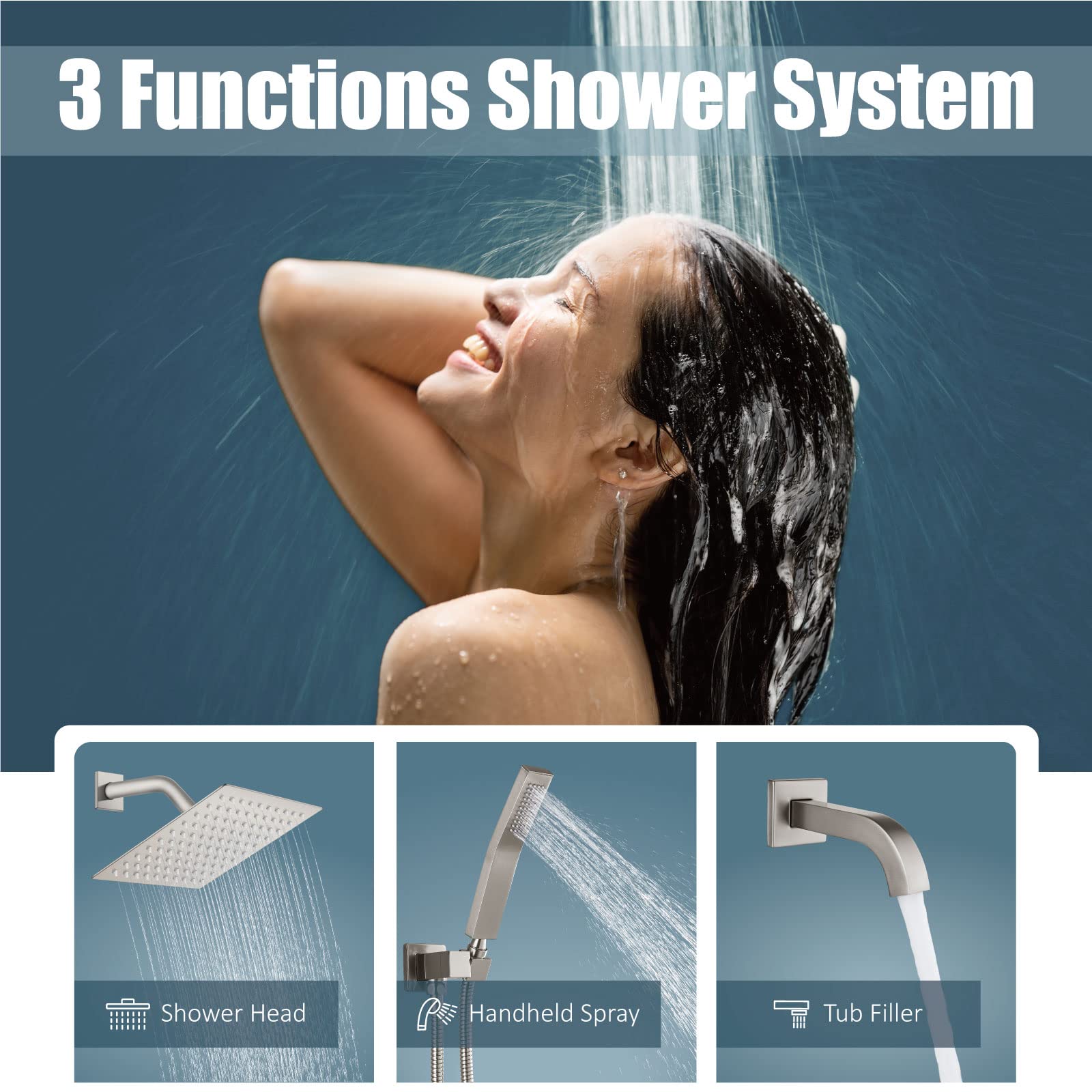 Aolemi Luxury Rainfall Shower System Combo Set - 8 Inch Shower Head, Handheld Shower, Tub Filler & Wall Mount Mixer Faucet with Rough-in Valve in Brushed Nickel | Perfect for Spa-Like Bathroom Renovations & Modern Home Upgrades