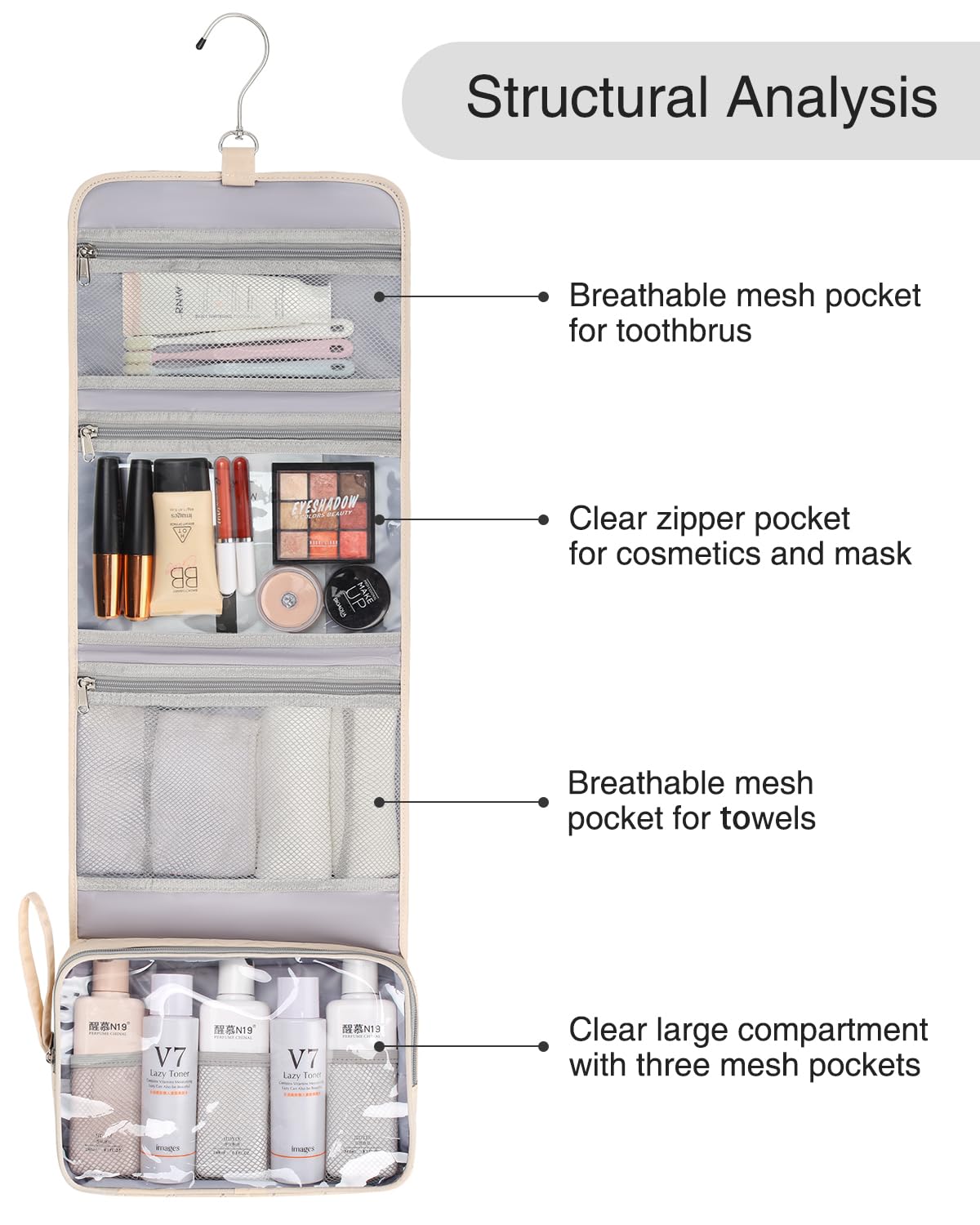 Relavel Waterproof Hanging Toiletry Bag for Travel - Compact Cosmetic Organizer with Hook for Men & Women - Perfect for Bathroom, Shower & Camping (Off-White)