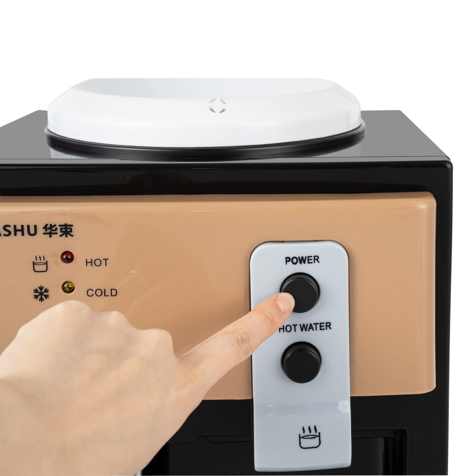 Top Loading Countertop Water Cooler Dispenser - Hot, Cold & Warm Water Options - 110V Primo Water Dispenser Holds 5 Gallon Bottles - Perfect for Home, Office & Dormitory Use (Black/Brown) - Ideal for Kitchen, Break Room & Small Spaces