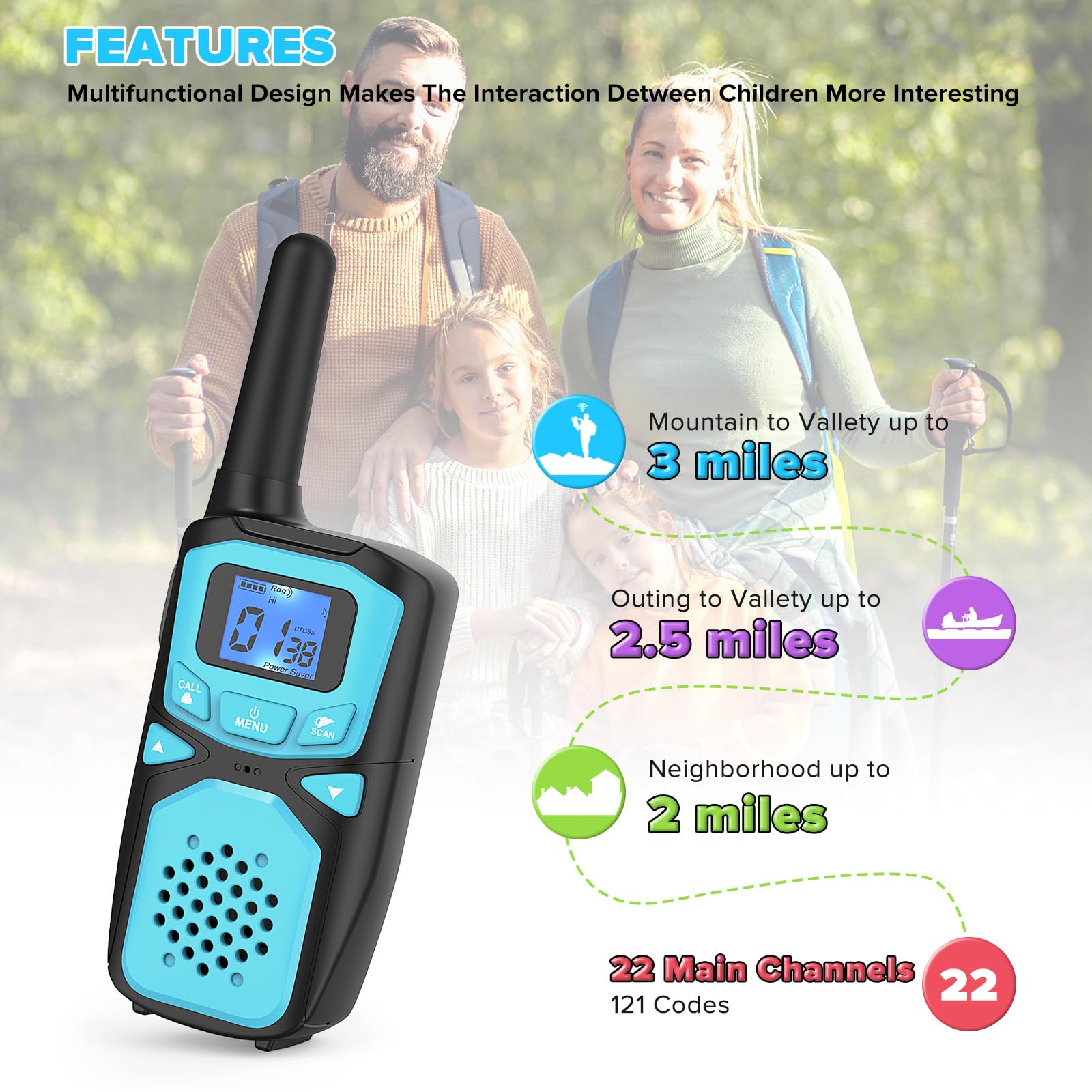 **Rechargeable Walkie Talkies for Kids & Adults - 2-Way Long Distance Radio with 4 Packs, Perfect for Outdoor Camping, Games & Birthday Gifts (Ages 3-5 & 8-12) - Ideal for Family Adventures, Hiking & Team Activities**