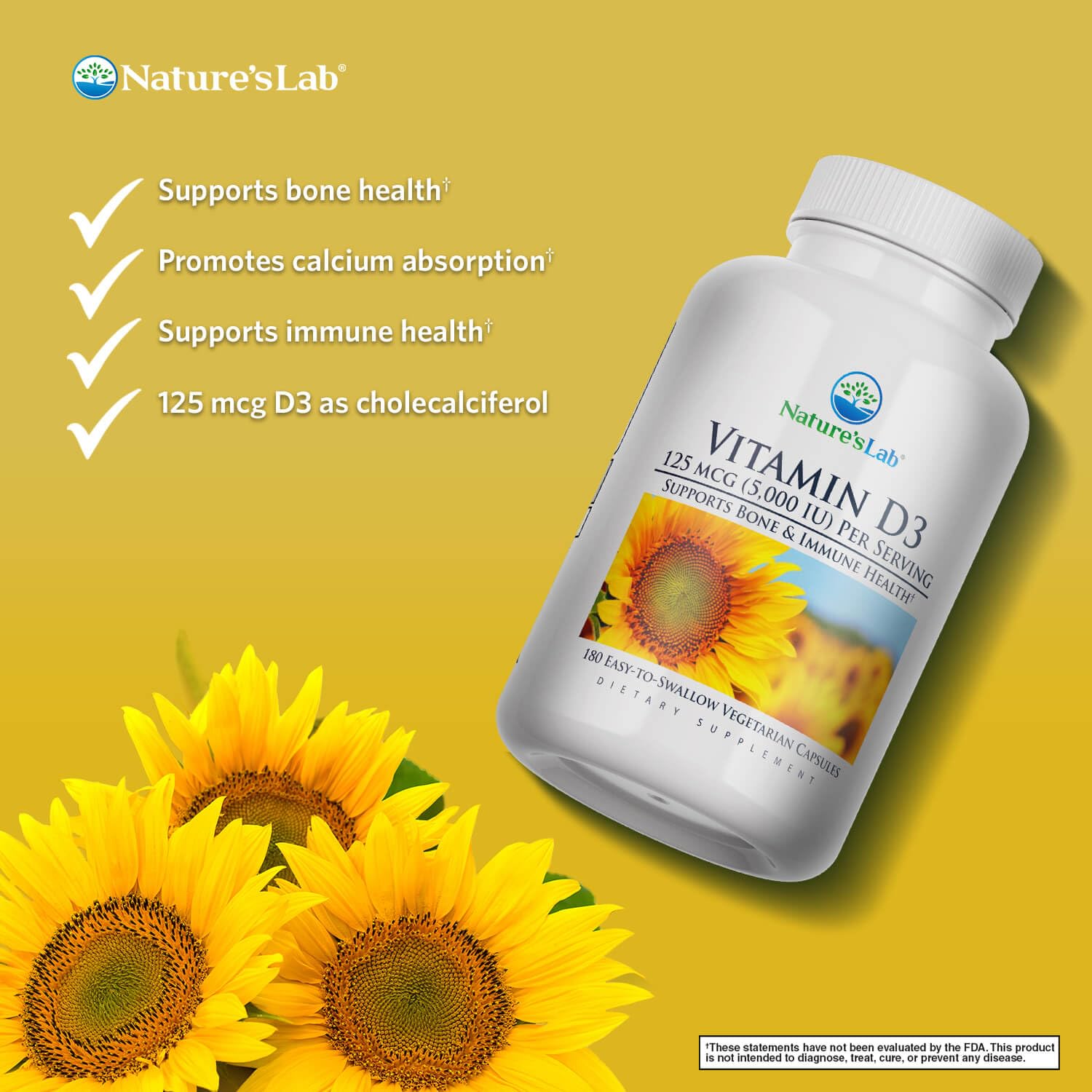 Nature's Lab Vitamin D3 5000 IU (180 Softgels) - 6 Month Supply for Immune Support, Bone Health & Heart Function | Gluten Free, Non-GMO Supplement | Supports Energy, Mood & Muscle Strength for Active Lifestyles