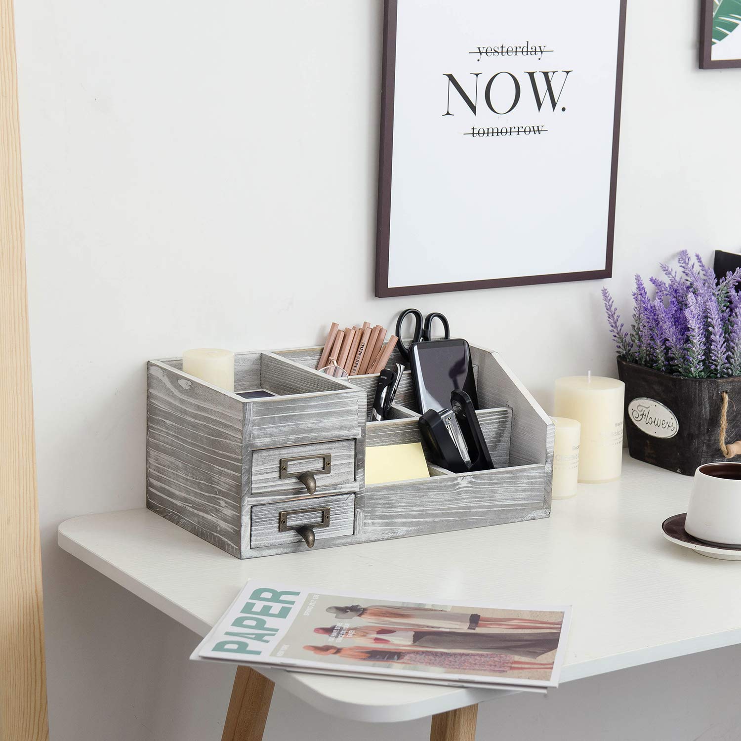 Distressed Rustic Wooden Office Desktop Organizer - 2-Tier Drawer Shelf with Multiple Compartments for Jewelry Storage | Perfect for Desk, Vanity & Home Organization | Gray Finish | Ideal for Office Supplies, Makeup Display & Small Item Storage