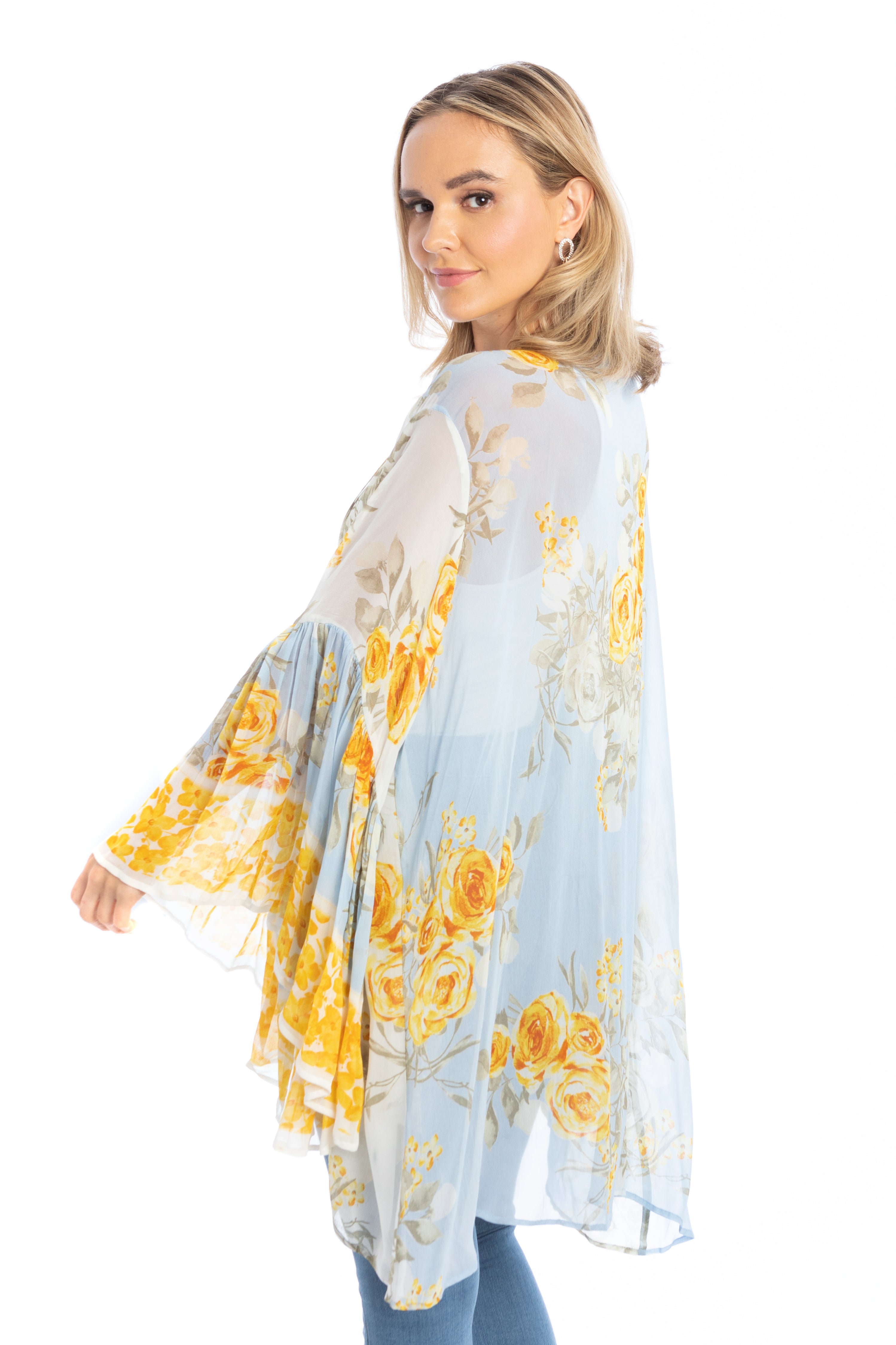 Mystical Garden Ruffle Sleeve Kimono - Floral Print Boho Cover Up for Women - Perfect for Beach, Pool, or Summer Outfits