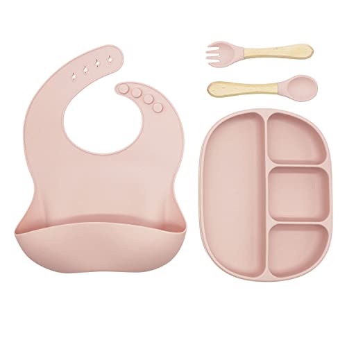 Ginbear Baby Plates with Suction & Silicone Bibs - BPA-Free Toddler Feeding Set for Baby Led Weaning | Non-Slip Bowls, Spoons & Forks | Dishwasher Safe (Pink) - Perfect for Mess-Free Mealtime & Early Self-Feeding Practice