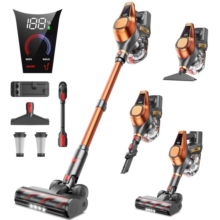 Powerful Cordless Vacuum Cleaner 550W/45Kpa with LED Display - 60 Min Runtime, Quiet & Tangle-Free for Pet Hair, Carpets & Hard Floors - Perfect for Home Cleaning & Pet Owners