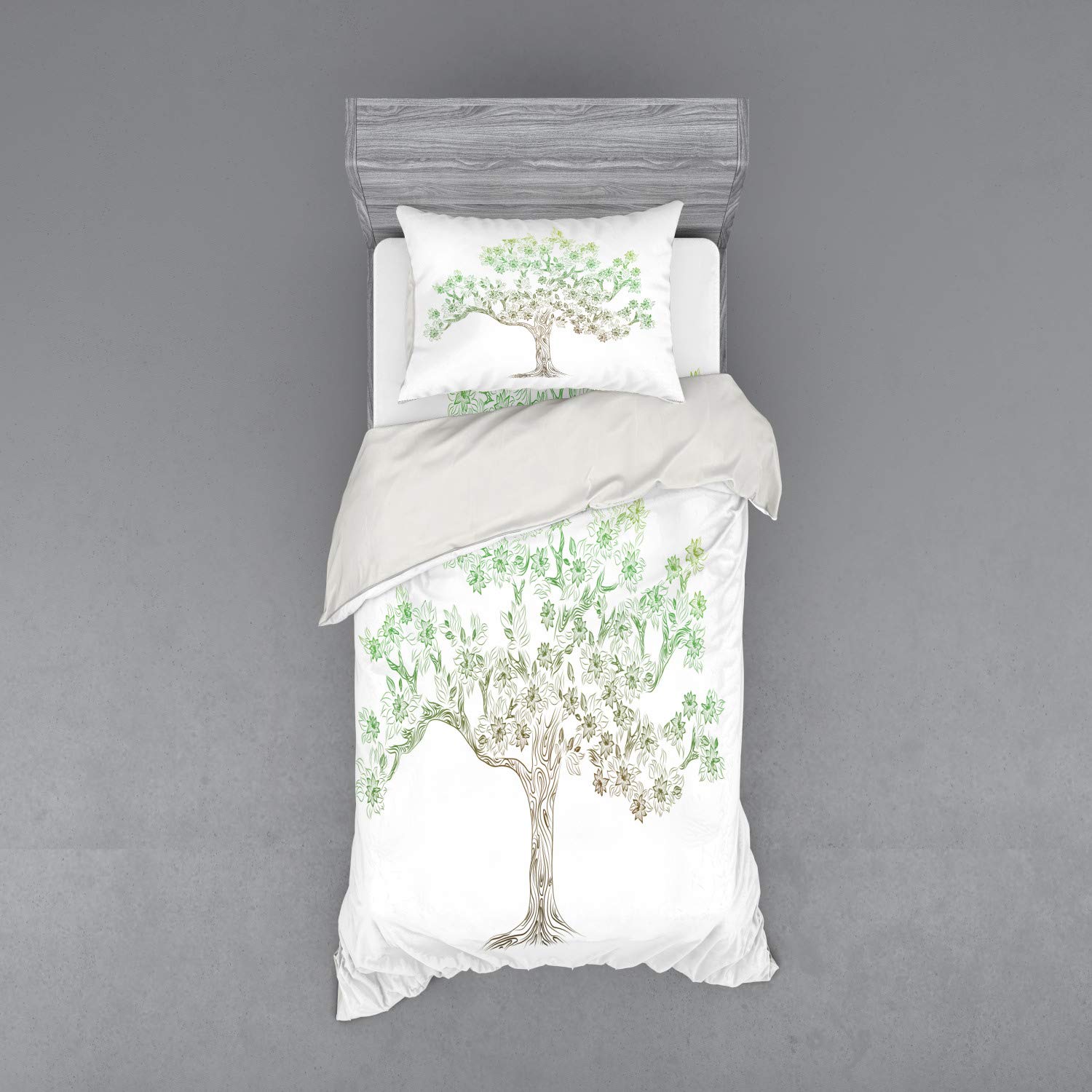 Ambesonne Tree Duvet Cover Set - 3 Piece Twin Size Bedding with Oak Leaf Illustration in Brown, Fern Green & Pale Green | Perfect for Summer Bedroom Decor & Nature-Themed Home Styling