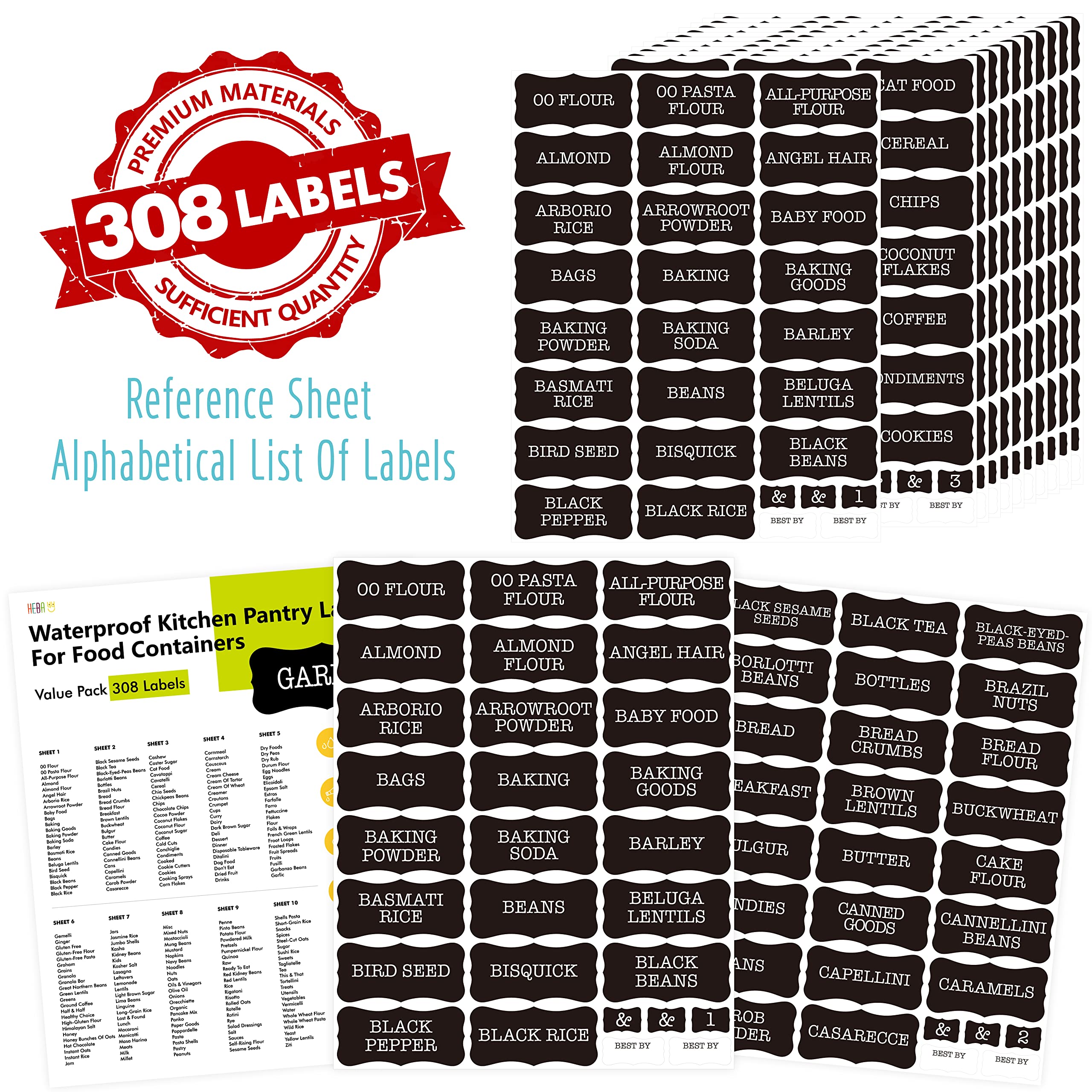 Hebayy 308 Pantry Food Labels - 280 Preprinted & 28 Blank Stickers for Flour, Pasta, Lentils, Grains, Condiments, Oils - Waterproof, Tear-Resistant, No Residue - Perfect for Kitchen Containers, Jars & Pantry Organization (White on Black) - Ideal for Meal Prep, Spice Storage & Home Organization
