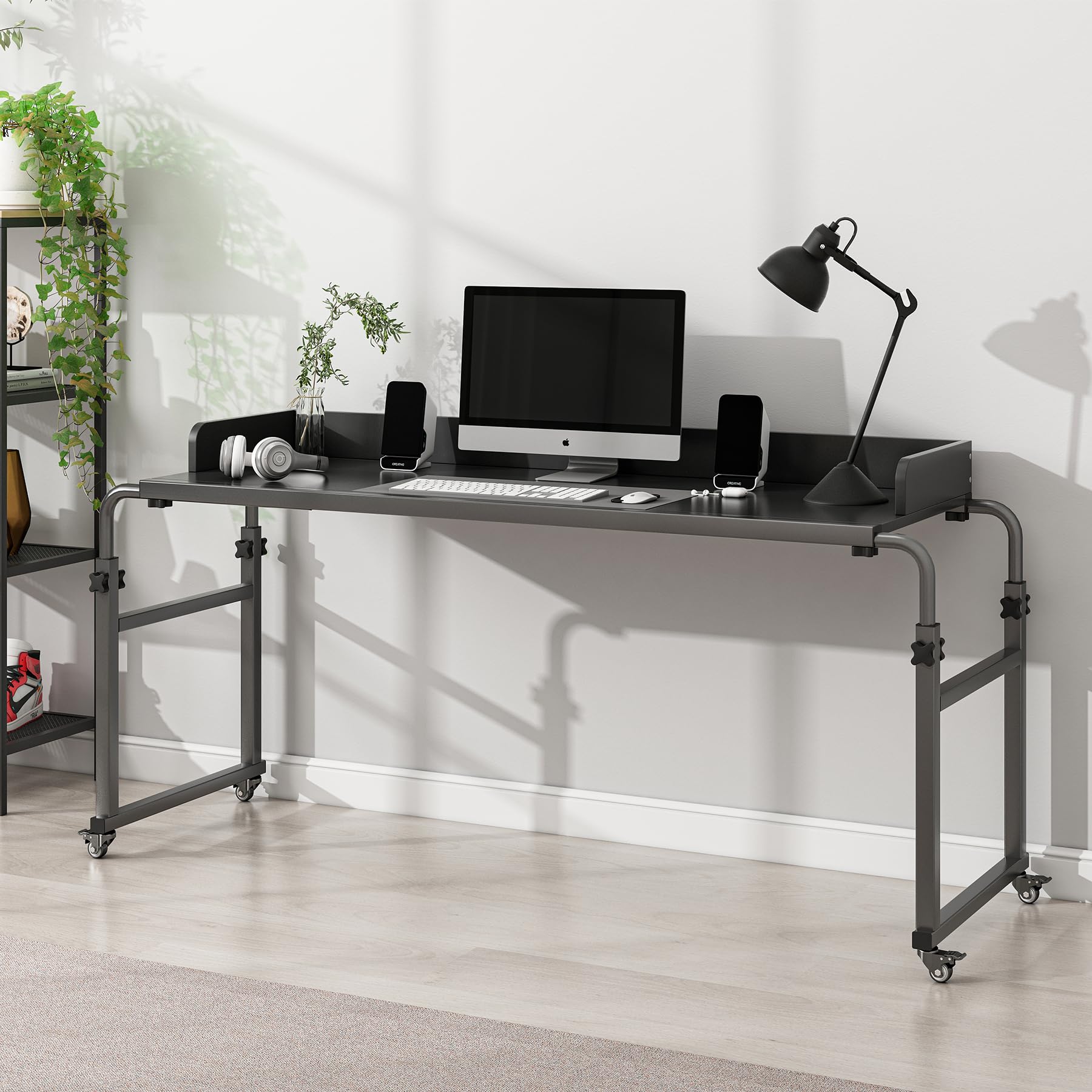 Adjustable Height Overbed Table with Wheels - Heavy Duty Metal Leg Laptop Desk for Bed, Recliner, or Sofa - Perfect for Working, Eating, or Reading in Bed (Black) - Fits Queen & King Size Beds