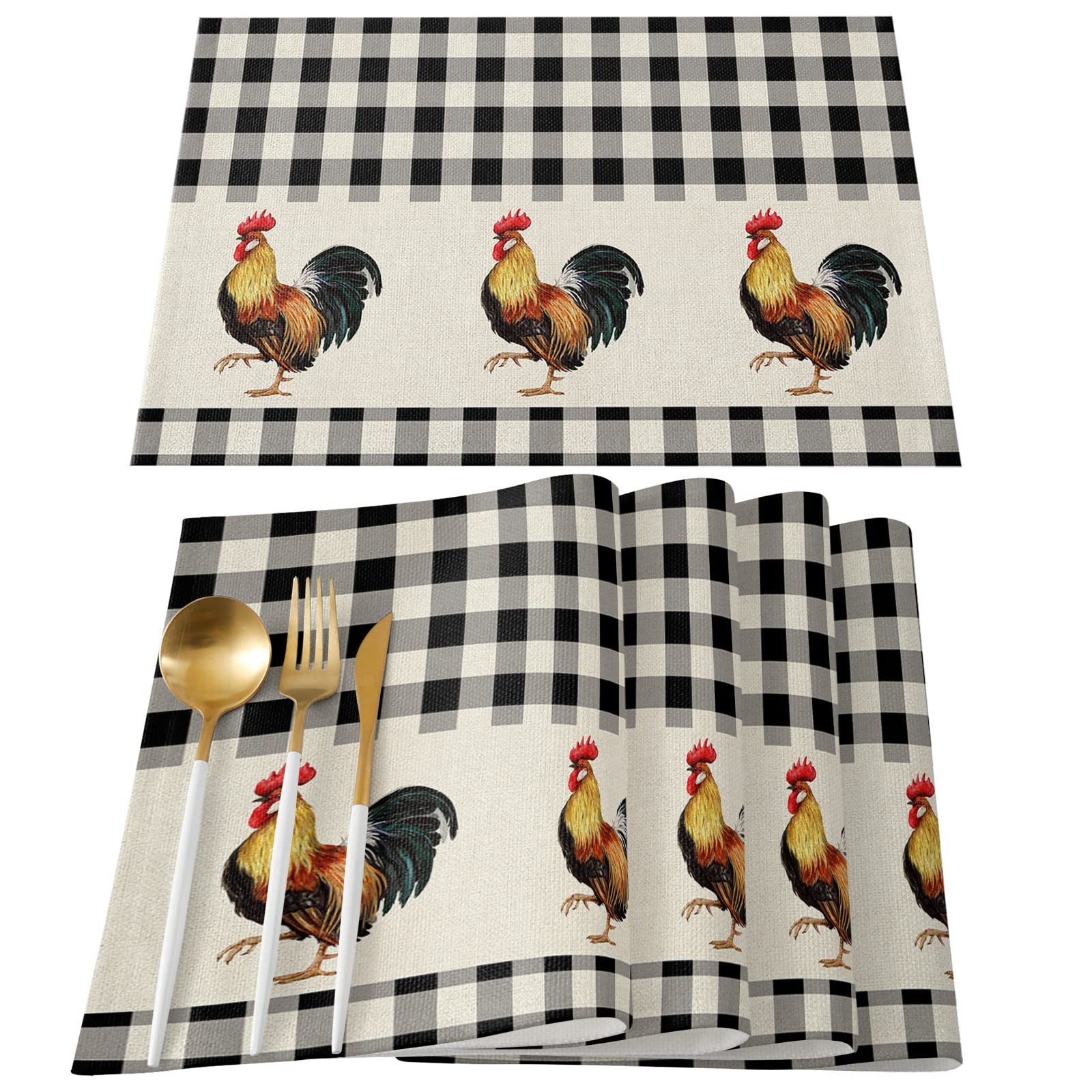 6-Pack Rooster Farmhouse Style Buffalo Plaid Placemats - Heat Resistant, Non-Slip & Washable Table Mats for Dining, Wedding & Holiday Decor | Rustic Black & White Kitchen Table Setting Accessories