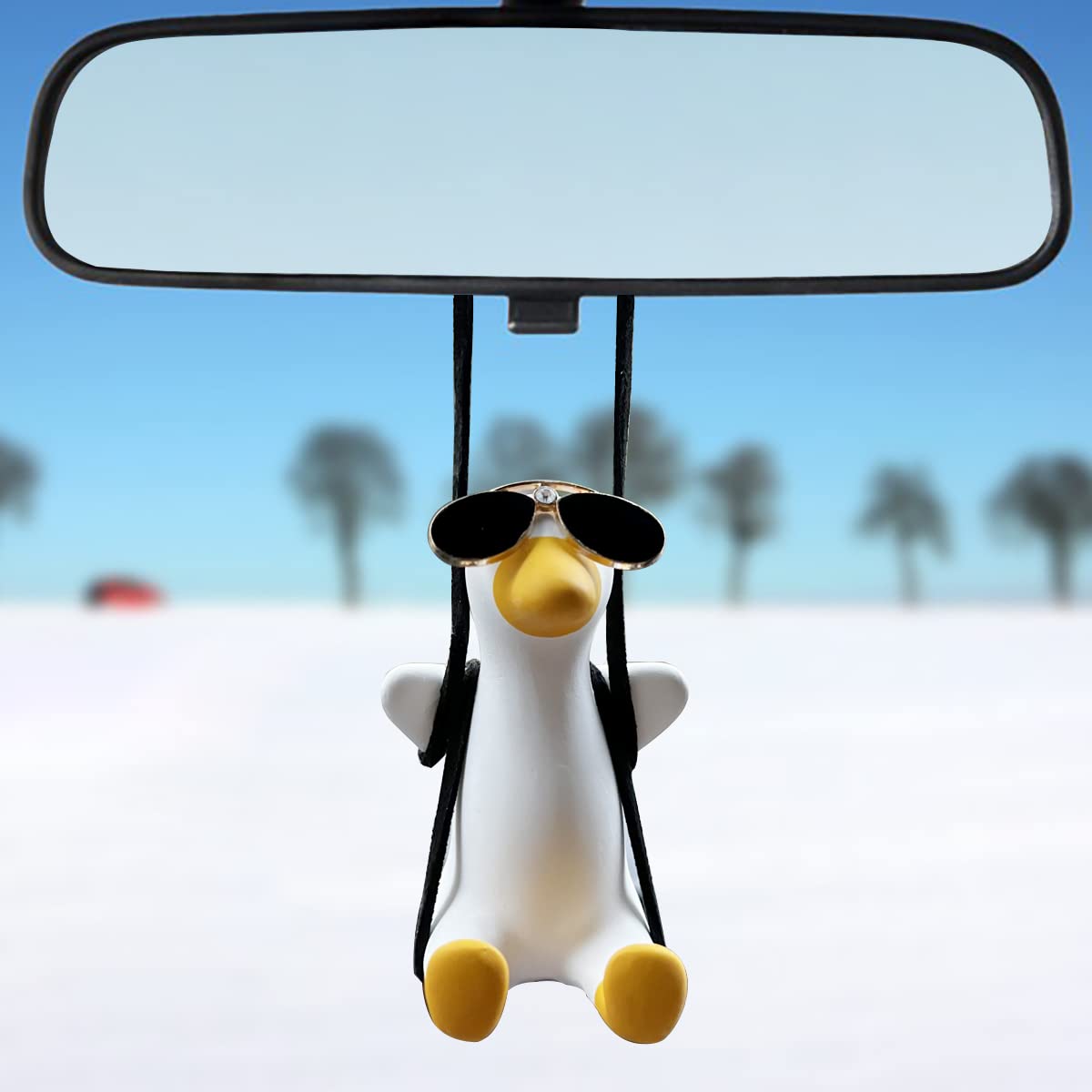 Cute Swing Duck Car Pendant - Hanging Sunglasses Duck Ornament for Rear View Mirror - Fun Car Interior Decoration Accessory for Road Trips & Daily Commute