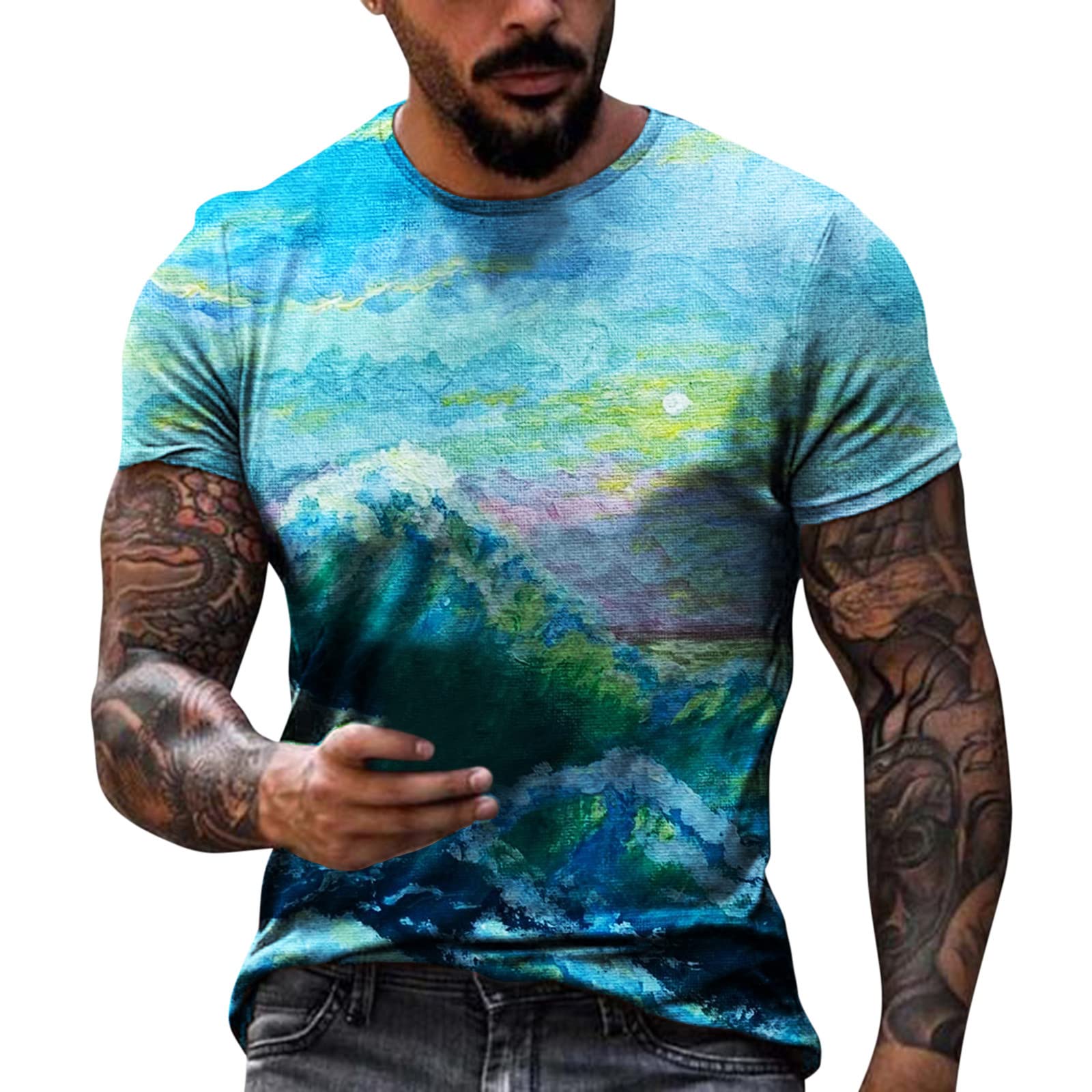 3D Printed Men's Casual T-Shirt - Summer Short Sleeve Round Neck Top - White Long Sleeve Undershirt for Everyday Wear & Layering