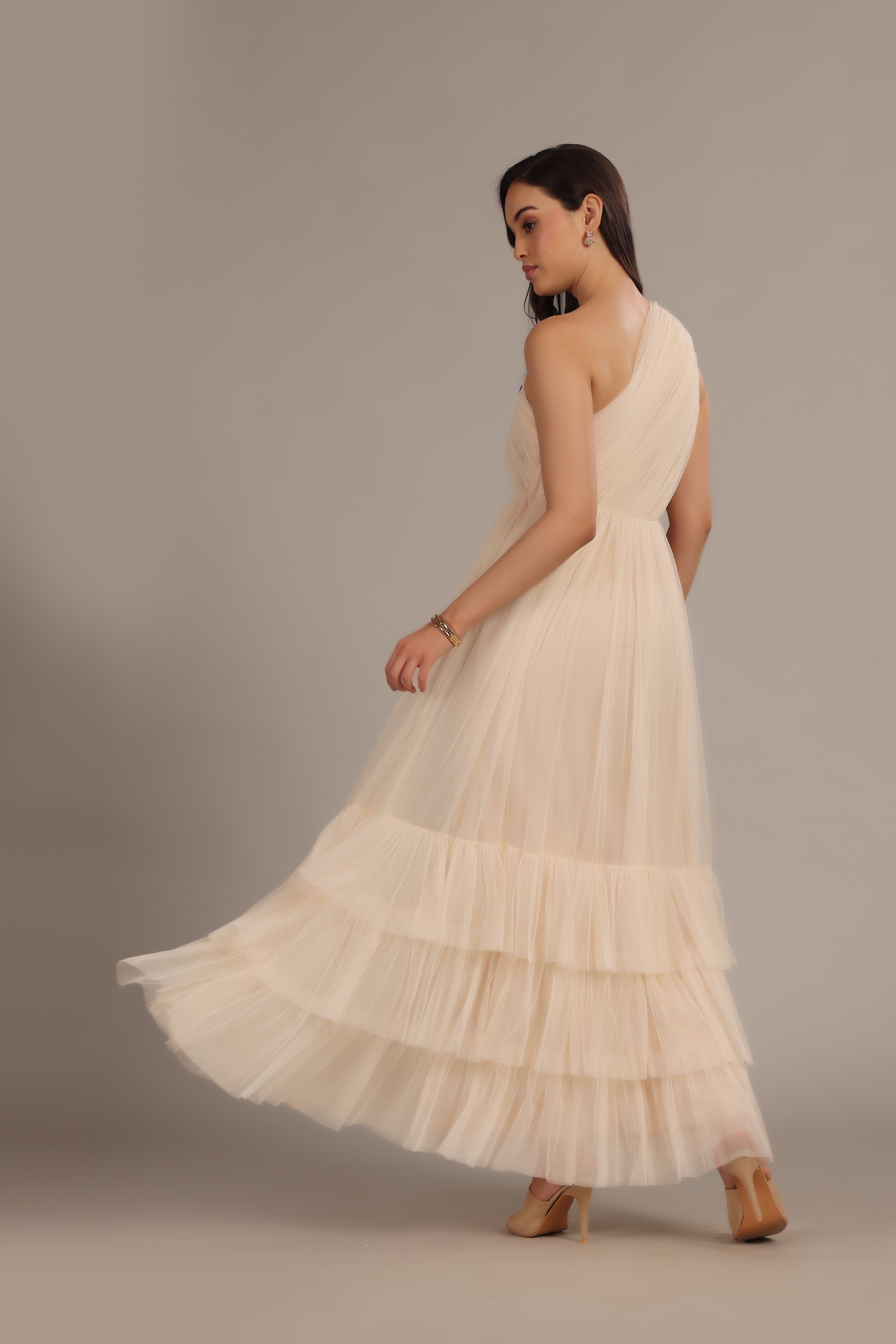 Nicolette Elegant One Shoulder Long Maxi Dress in Champagne - Perfect for Weddings, Parties & Evening Events