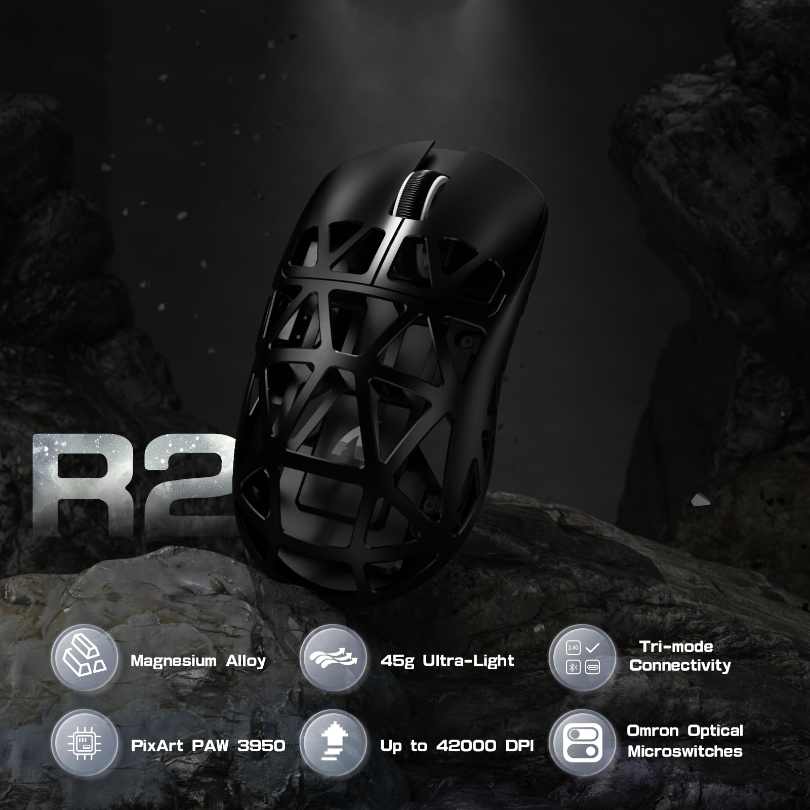Attack Shark R2PRO 45g Ultra Lightweight Magnesium Alloy Gaming Mouse - PAW3950 Sensor, 42000 DPI, 8000Hz Polling Rate, 2.4G/BT/Wired - Programmable RGB Mouse with Coiled Cable for PC/Mac (Black) - Perfect for FPS, MOBA & Esports Gaming