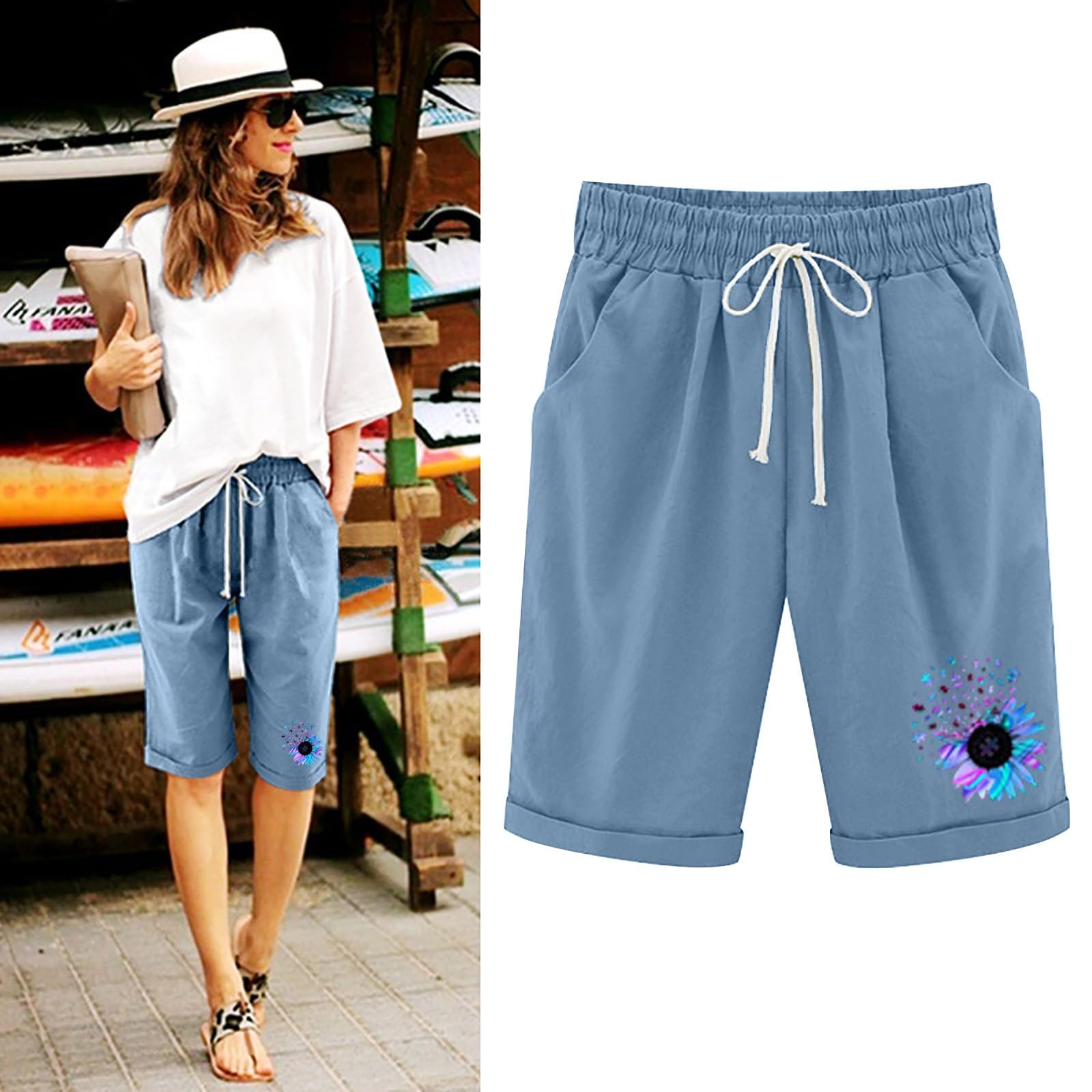 Women's High Waisted Bermuda Shorts - Linen Cotton Stretchy for Summer, Gym & Lounge