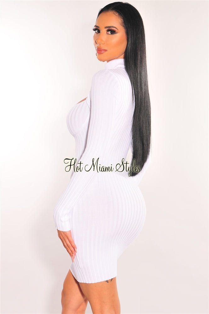 Elegant White Ribbed Knit Turtleneck Long Sleeve Cut Out Bodycon Dress for Women | Party, Date Night & Winter Fashion