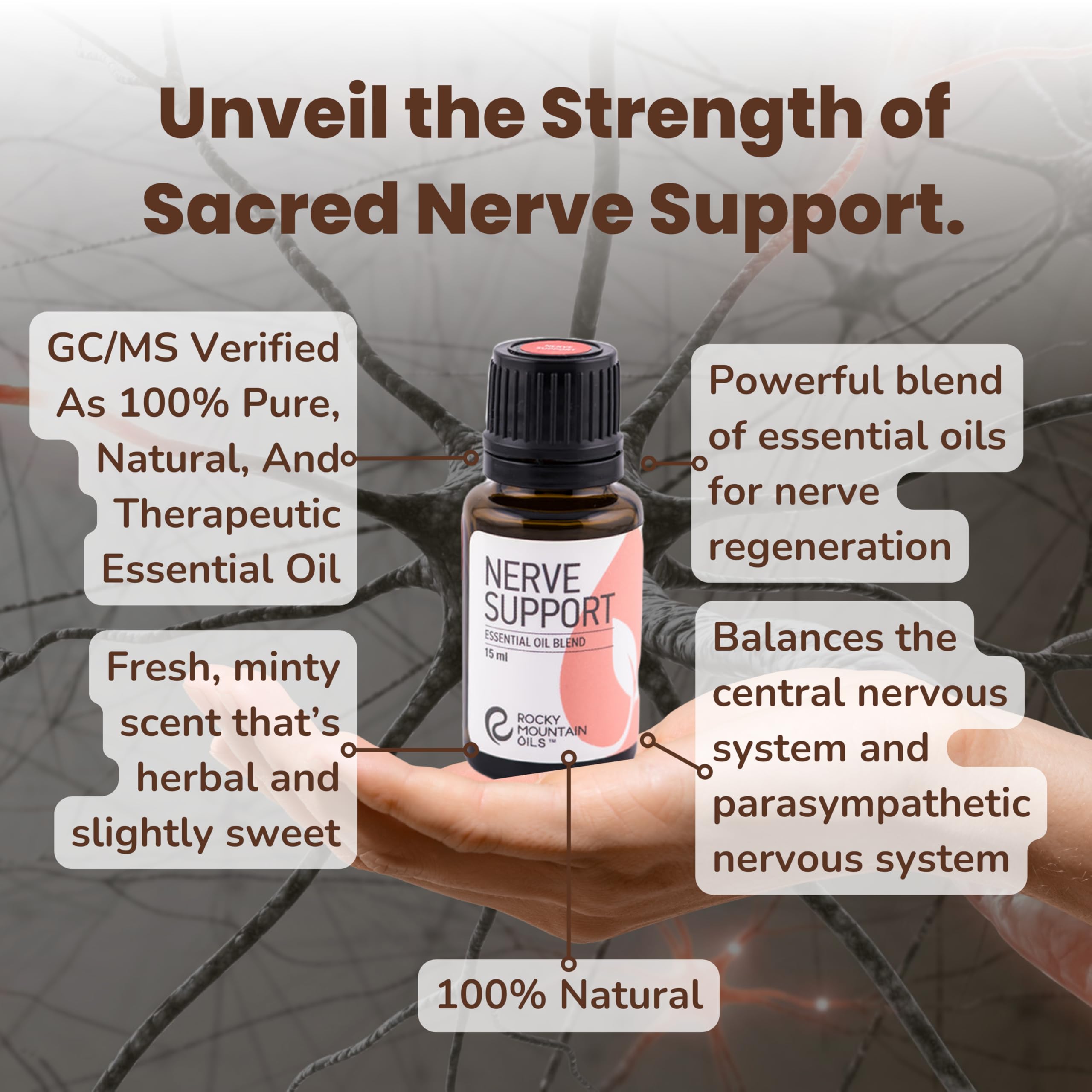 Rocky Mountain Oils 100% Pure Nerve Support Essential Oil Blend - Natural Aromatherapy Oil for Diffusers & Massage Therapy | Stress Relief, Relaxation & Wellness | 15ml Bottle for Home, Office & Spa Use