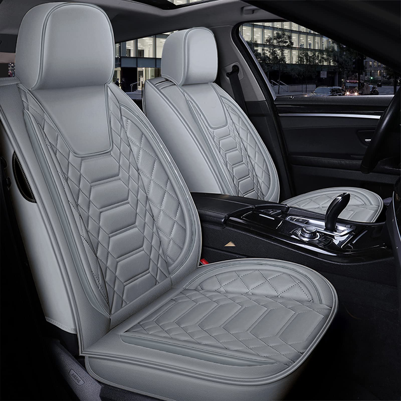 Premium Leather Car Seat Covers Front Only - Universal Fit for Cars, SUVs, Sedans, Trucks & Vans | Full Coverage Protection | Airbag Compatible | Grey (2-Piece Set) | Perfect for Daily Commute & Road Trips