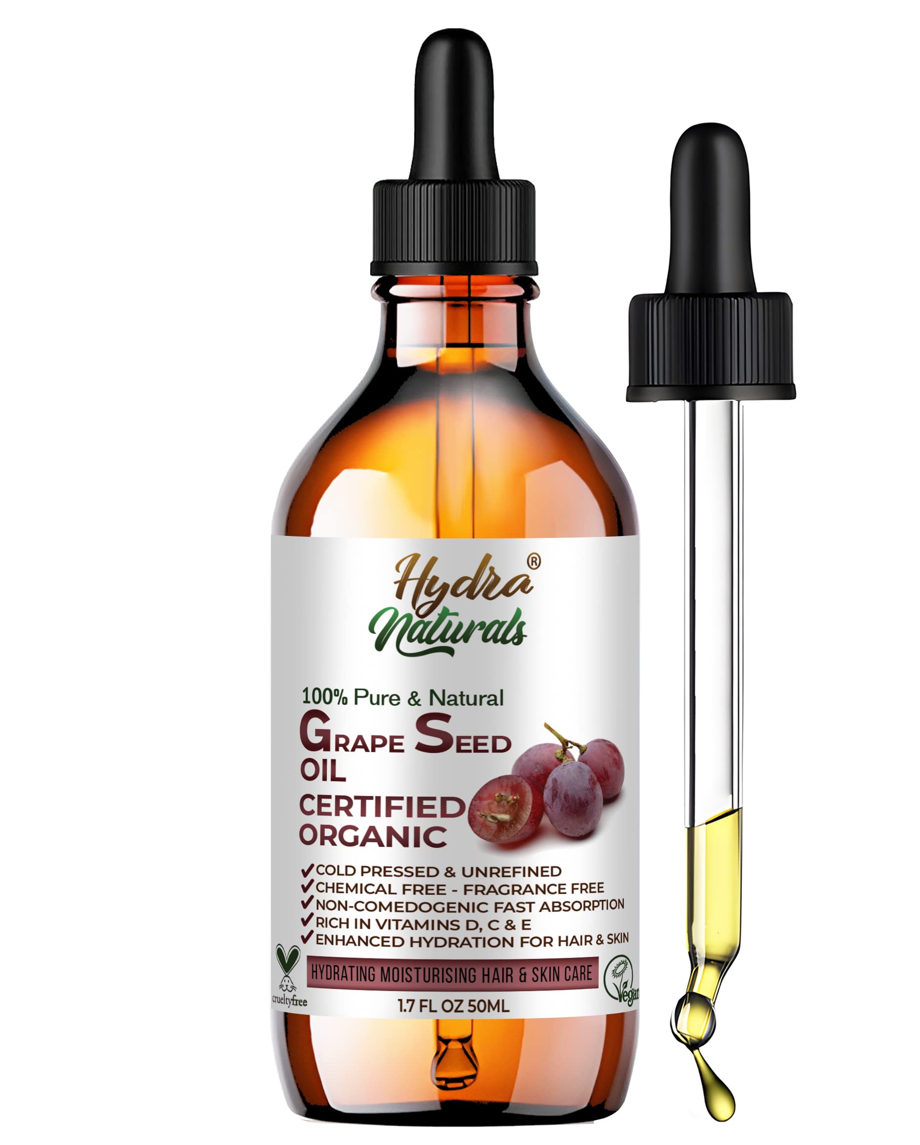 **Hydra Naturals 100% Pure Cold-Pressed Grapeseed Oil – Lightweight Moisturizer for Face, Skin & Hair – Natural Carrier Oil for Essential Oils – Hexane-Free, Non-GMO, Unrefined – 50ml – Perfect for Massage, DIY Beauty & Aromatherapy**