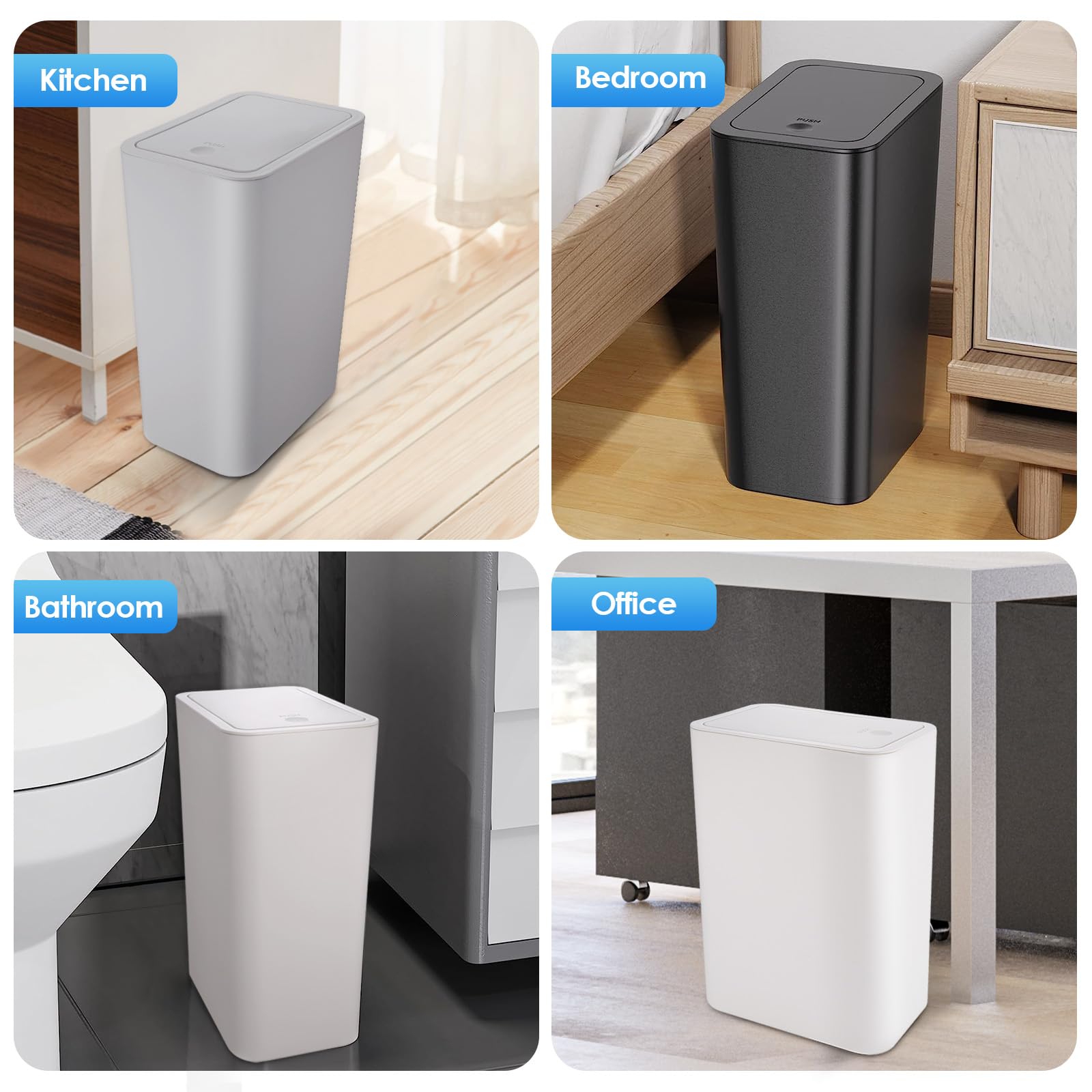 3 Pack Small Bathroom Trash Can with Lid - 10L/2.6 Gallon Slim Garbage Bin, Pop-Up Lid Trash Can, Plastic Waste Basket for Kitchen, Bedroom, Office, Dorm - Fits Under Sink, Desk, Cabinet (Black, White, Grey) - Perfect for Small Spaces, Bathrooms, Home & Office Organization