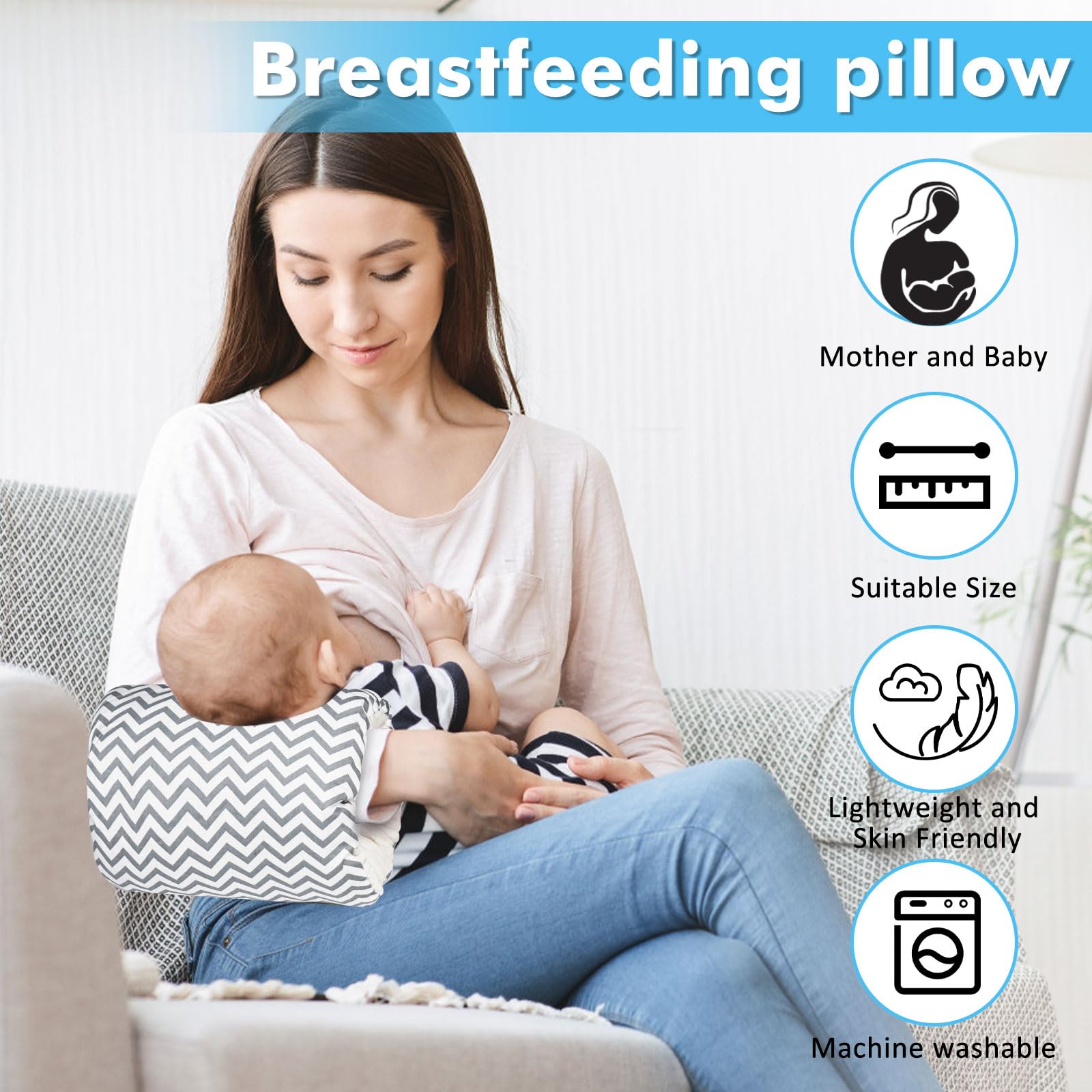 Soft Cotton Nursing Arm Pillow for Newborns - Portable & Washable - Perfect for Breastfeeding Support at Home or Travel (Grey Stripes)