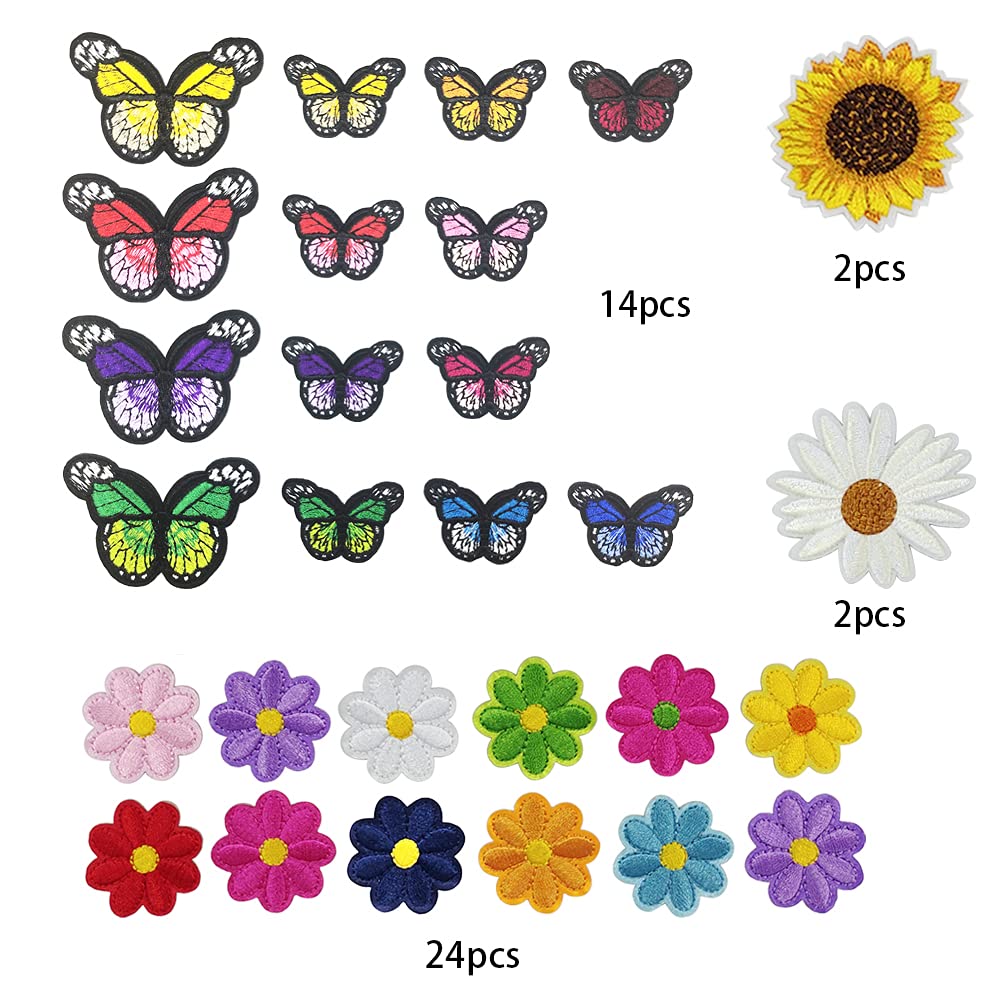42pcs Embroidered Floral Iron-On Patches - Sunflower Daisy Butterfly Appliques for DIY Clothing, Jackets, Jeans & Bags - Sew On Patches for Crafts & Fabric Decoration - Perfect for Upcycling, Costumes & Personalized Gifts