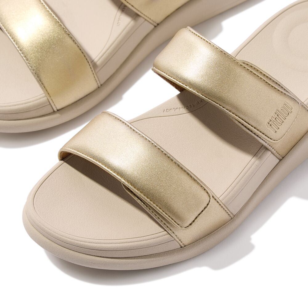 FitFlop F Mode Go Adjustable Flatform Two Bar Slide Sandals for Women - Comfortable Orthopedic Support, Lightweight & Cushioned - Perfect for Walking, Travel, and Summer Outfits (Platino)