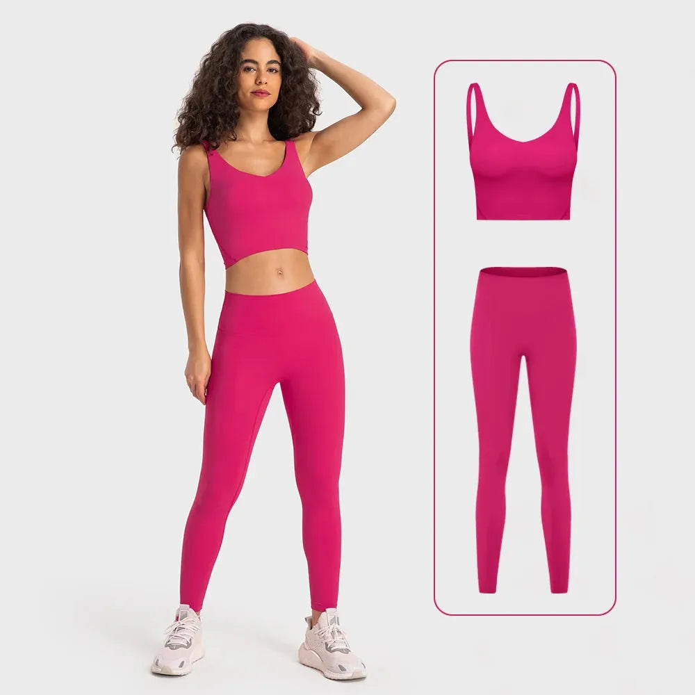Women's 2-Piece Stretch Nylon Spandex Workout Outfit - Padded Crop Tank Bra & High Waist Yoga Leggings Set for Gym, Running & Yoga | Comfortable Tracksuit for Fitness & Active Lifestyle