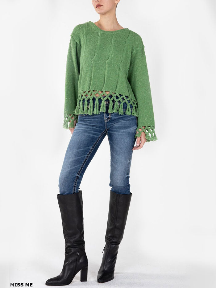 Miss Me MSW0421L Women's Knitted Fringe Sweater - Green Cozy Pullover for Fall & Winter | Perfect for Casual Outings, Date Nights & Holiday Gatherings