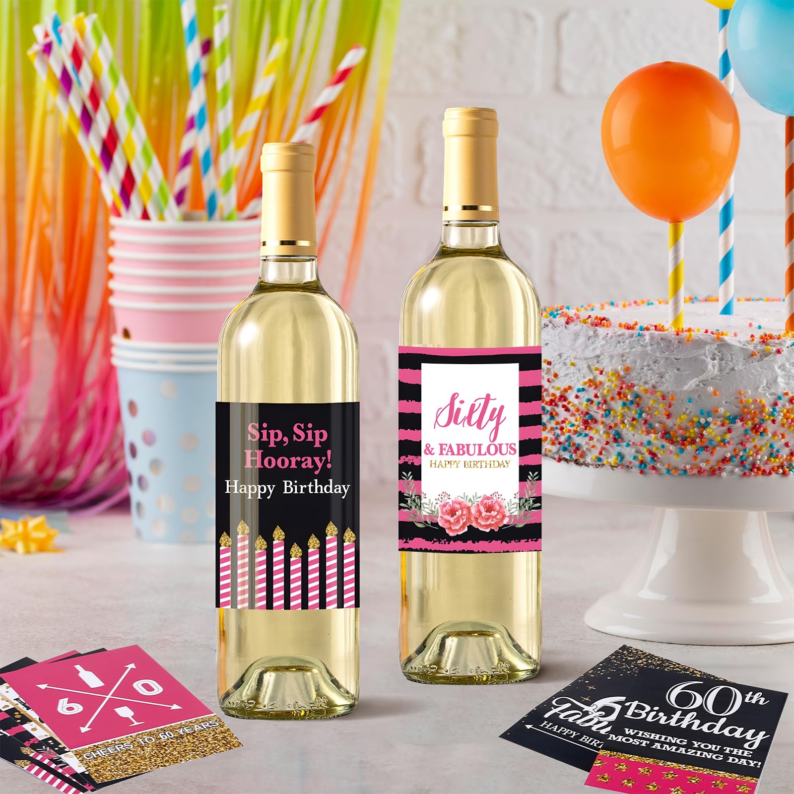 VIDELLY 12-Pack Custom 60th Birthday Wine Bottle Labels - Personalized Waterproof Stickers for Women, Black Gold & Pink Party Decor - Perfect for Milestone Celebrations, Retirement Gifts & Anniversary Parties