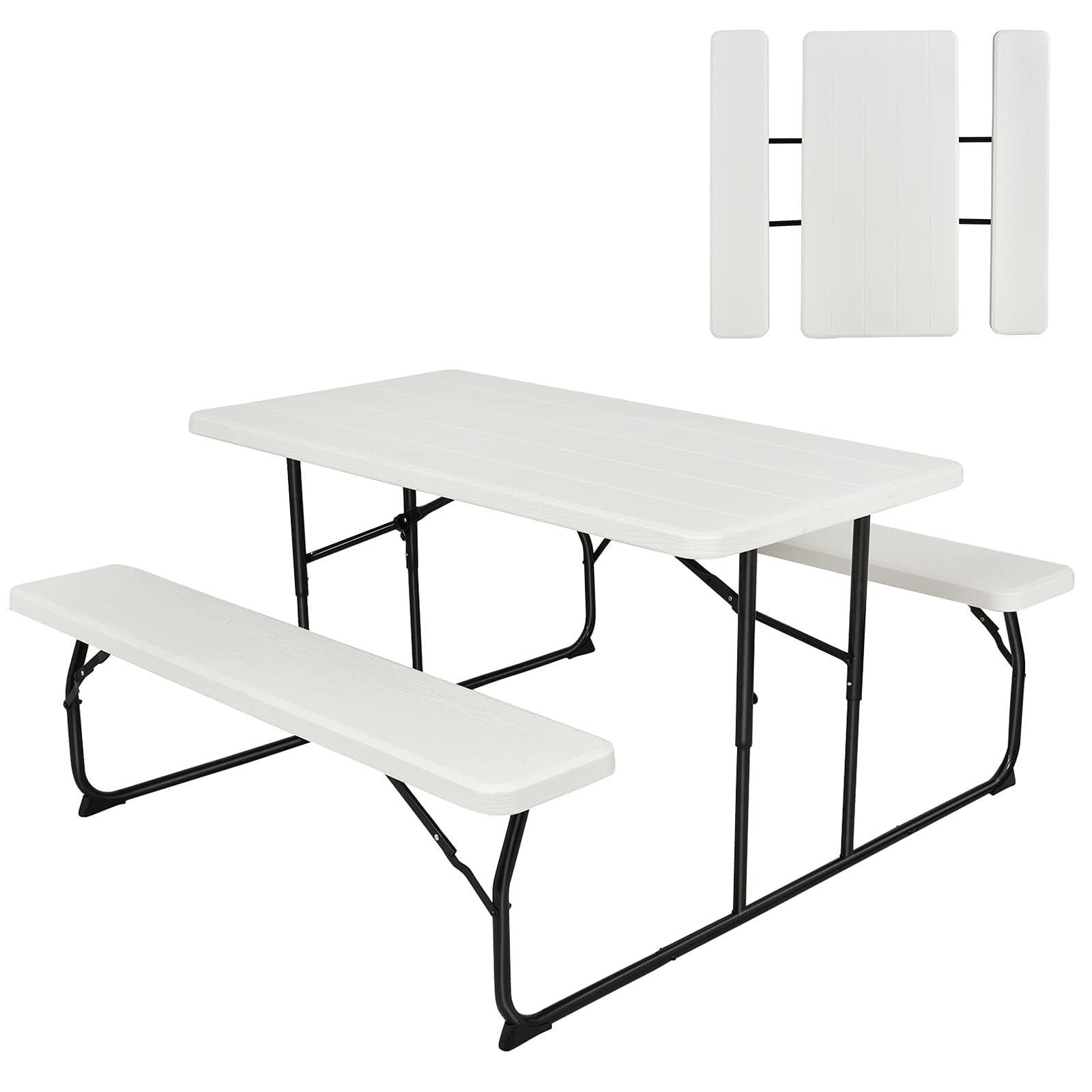 GYMAX 550 LBS Capacity Folding Picnic Table with Benches - Weather-Resistant Portable Outdoor Picnic Table for Patio, Deck, BBQ, Camping & Backyard Gatherings - Easy Setup Wood-Like Design (White)