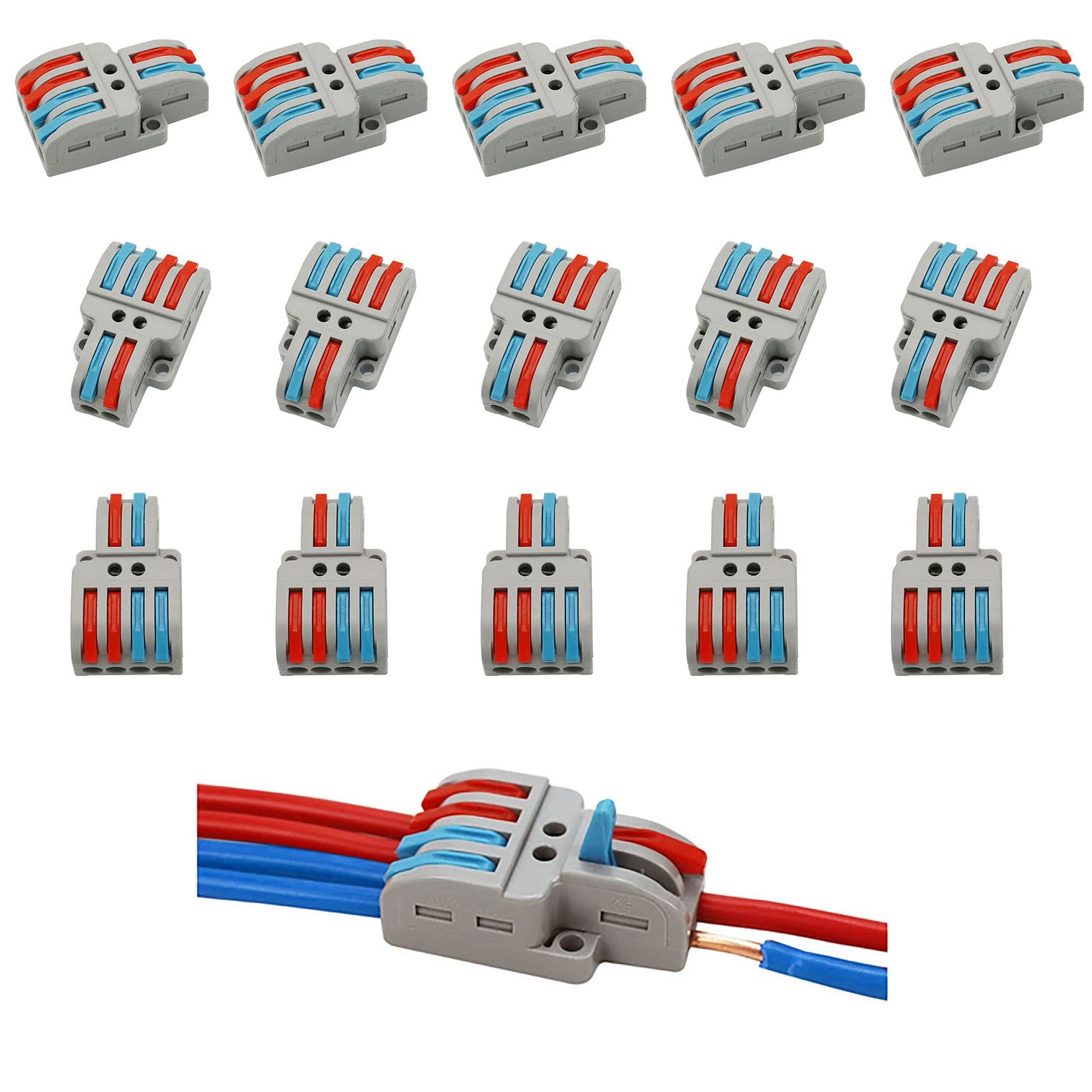 15 Pcs Compact Splicing Wire Connectors - Quick Wiring Electrical Connectors 2 in 4 Out for Home, Automotive & DIY Projects | Secure & Easy-to-Use Conductor Terminals
