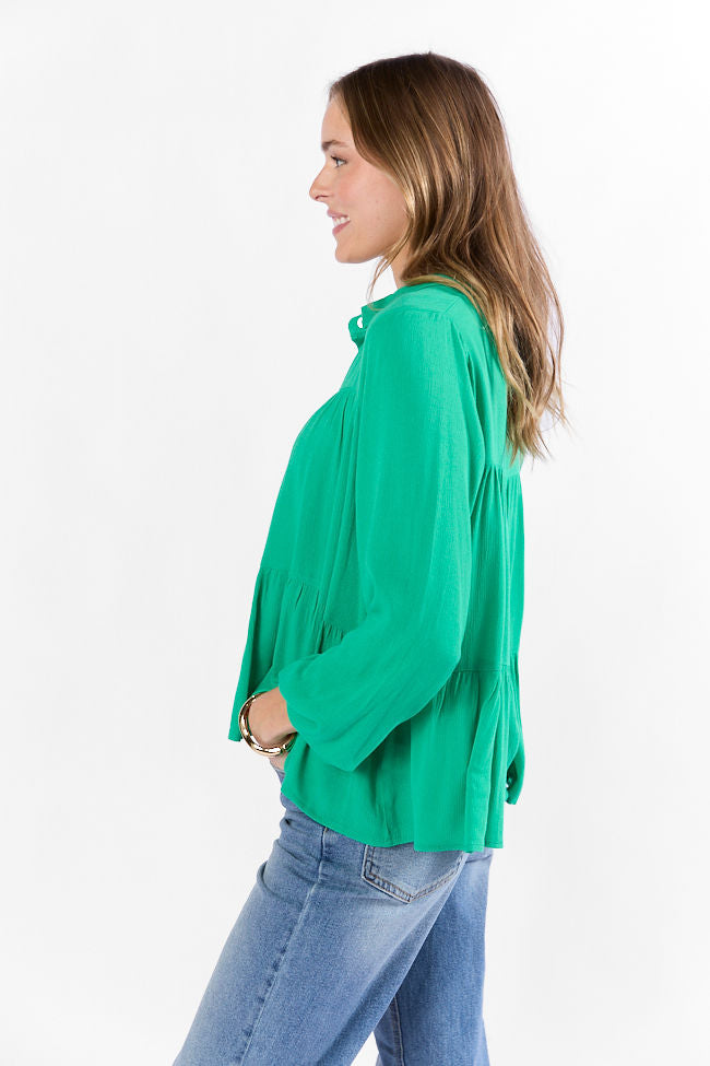 Stylish Green Tiered Relaxed Button Down Blouse for Women - Flowy Casual Shirt with Comfort Fit - Perfect for Office, Date Night & Weekend Outings