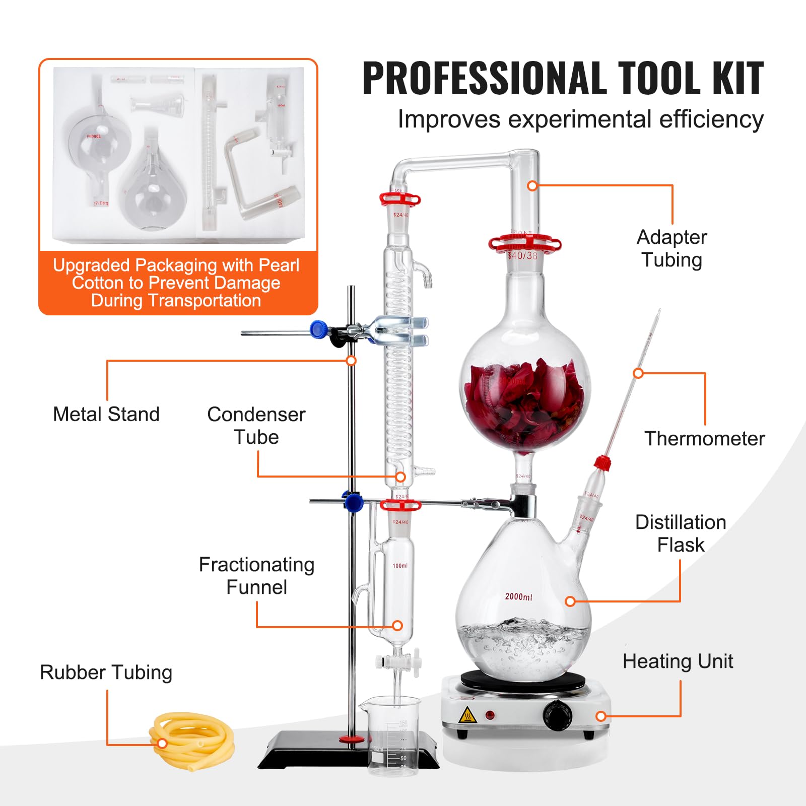 VEVOR 2L Essential Oil Distiller Kit - Lab Glassware Distillation Apparatus with Hot Plate & Condenser (S35, 24/40 Joint) - Perfect for Aromatherapy, Hydrosol Production & Water Purification