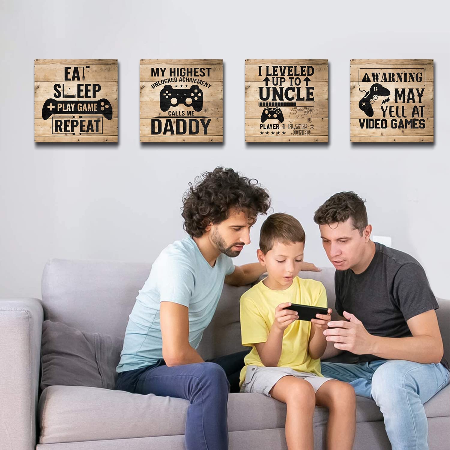 12x12 Inch Gaming Wall Art Set of 4 - Kids Room Decor, Boys Bedroom Canvas Posters, Video Game Themed Nursery Paintings, Farmhouse Style Gamer Playroom Decor - Perfect for Birthday Gifts & Gaming Room Wall Decor