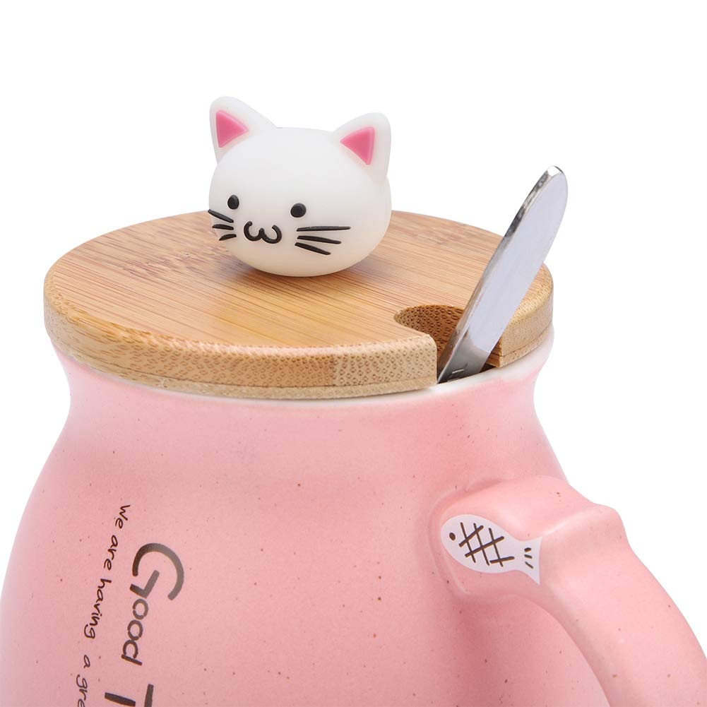 GLOGLOW Ceramic Coffee Mug with Lid and Spoon - Cute Cat Design for Tea, Milk, Beer - Perfect for Home, Office, Gift Giving (Pink) | Ideal for Morning Coffee, Afternoon Tea, or Relaxing with a Drink