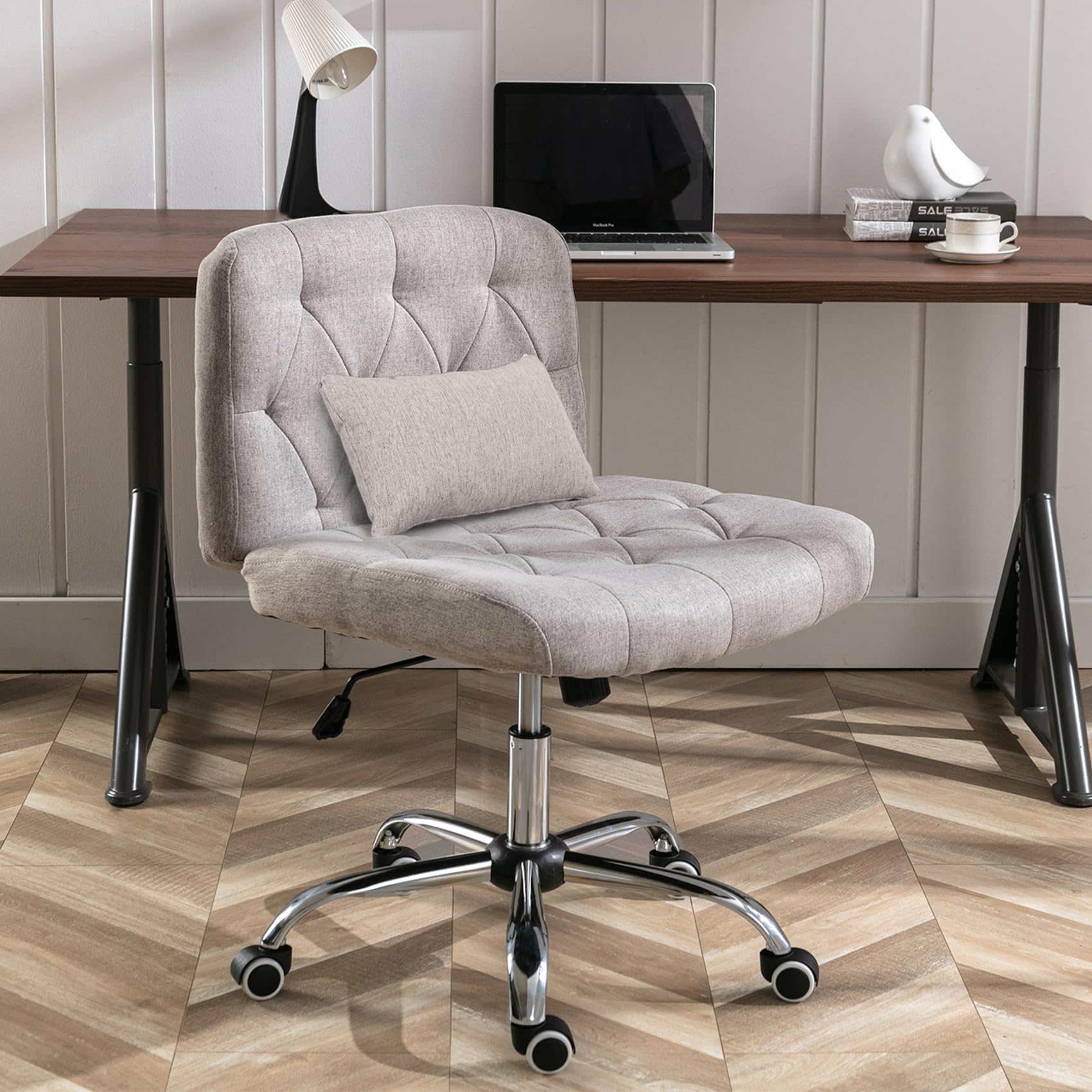 iMenting Wide Seat Armless Rolling Desk Chair - Adjustable Swivel Office Chair with Wheels, Modern Tufted Fabric, No Arms, Grey - Perfect for Home Office, Study, Gaming & Workspace Comfort