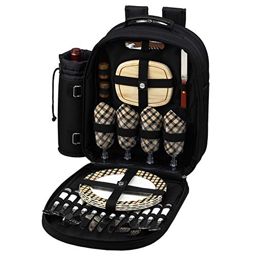 4-Person Picnic Backpack Set - Complete Outdoor Picnic Kit with Blanket, Utensils & Cooler Compartment (Black) - Perfect for Beach, Park, Camping & Family Outings