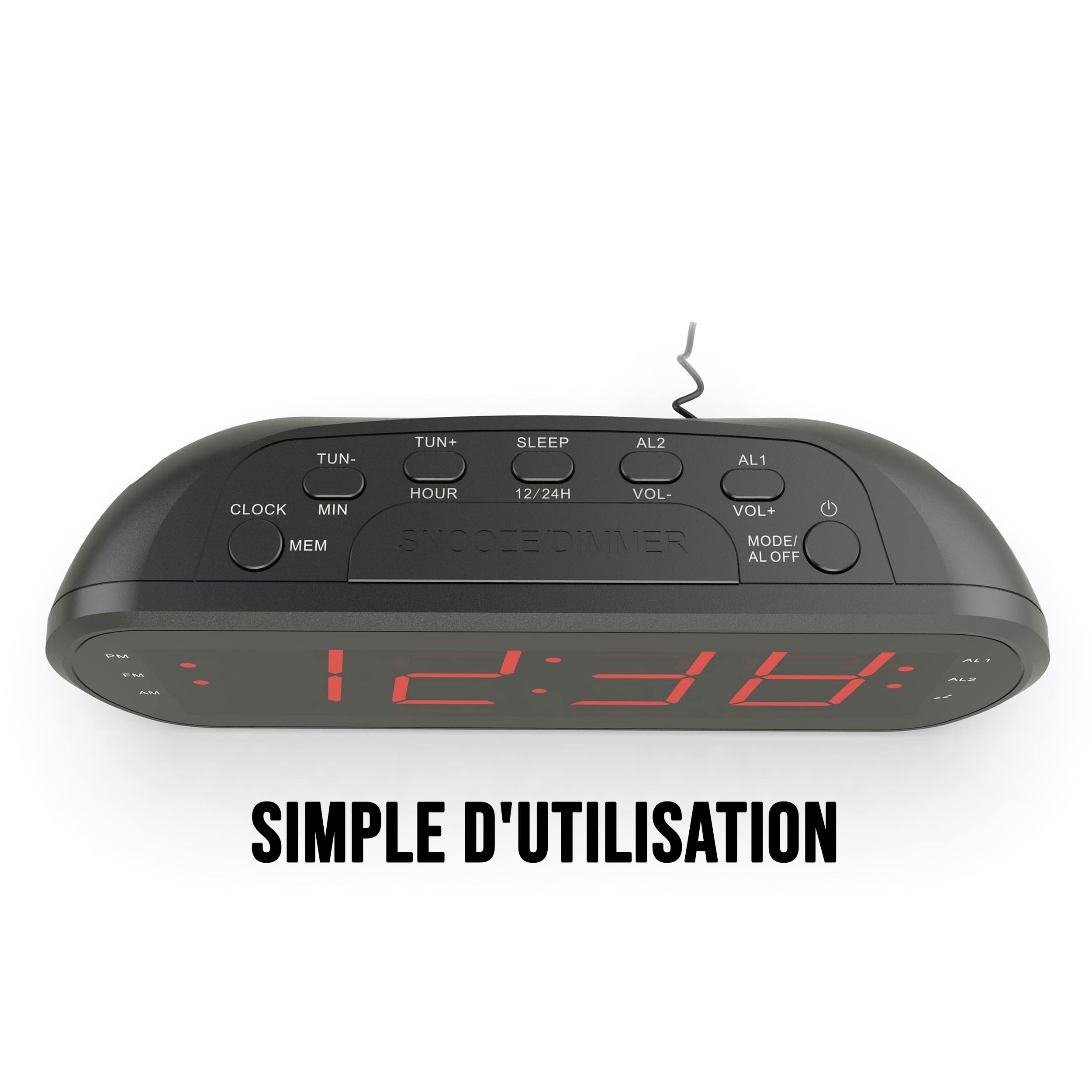 **Large Digital Alarm Clock Radio with FM, Dual Alarms, Red LED Display & Built-in USB Charging Port - Black - Perfect for Bedroom, Office, Travel**