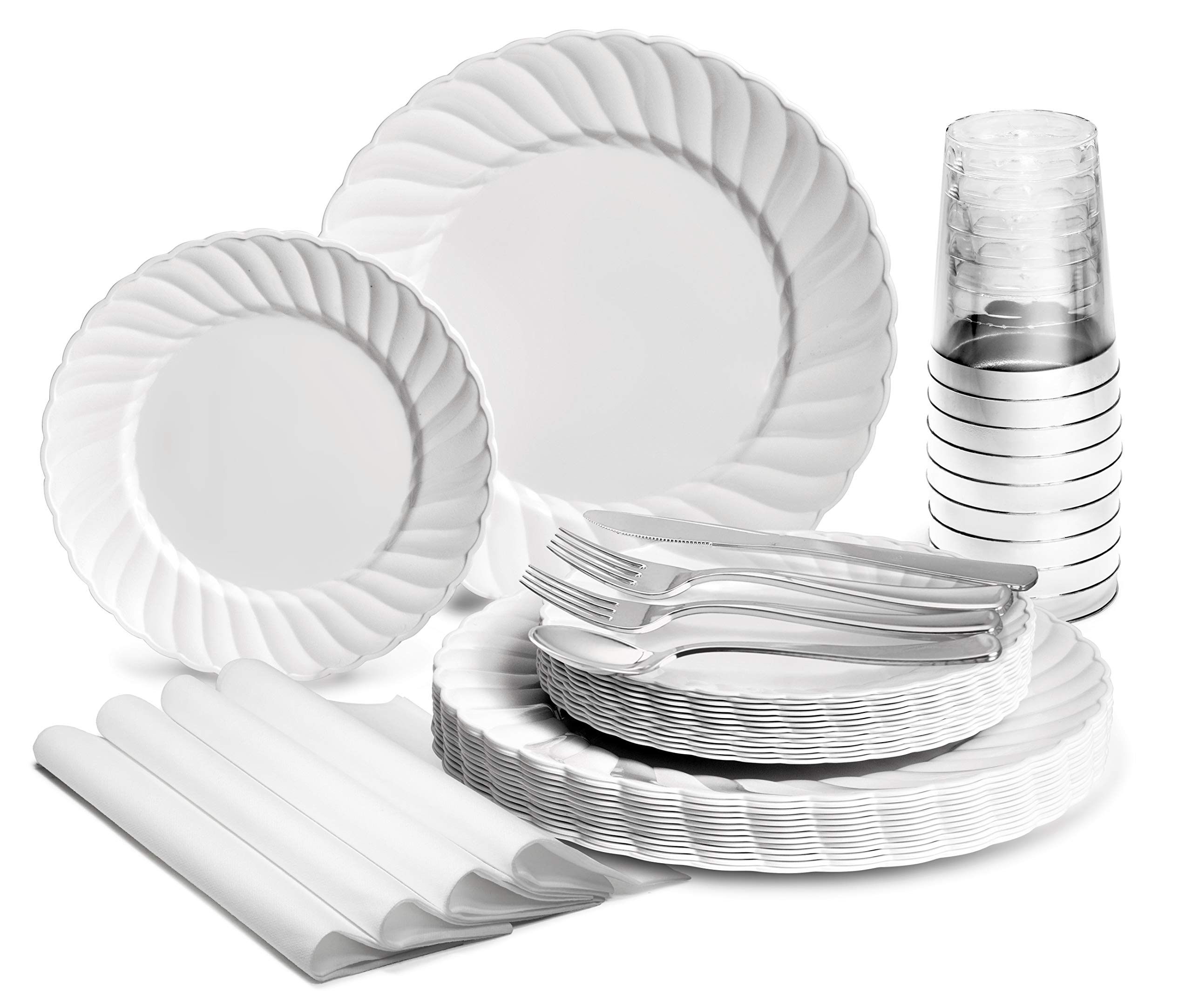 960-Piece Vintage Wedding Party Disposable Plastic Plate Set (120 Guests) - Includes 10.25'' & 7.5'' Plates, Silverware, Cups & Napkins in Blossom White - Perfect for Weddings, Bridal Showers & Anniversary Celebrations