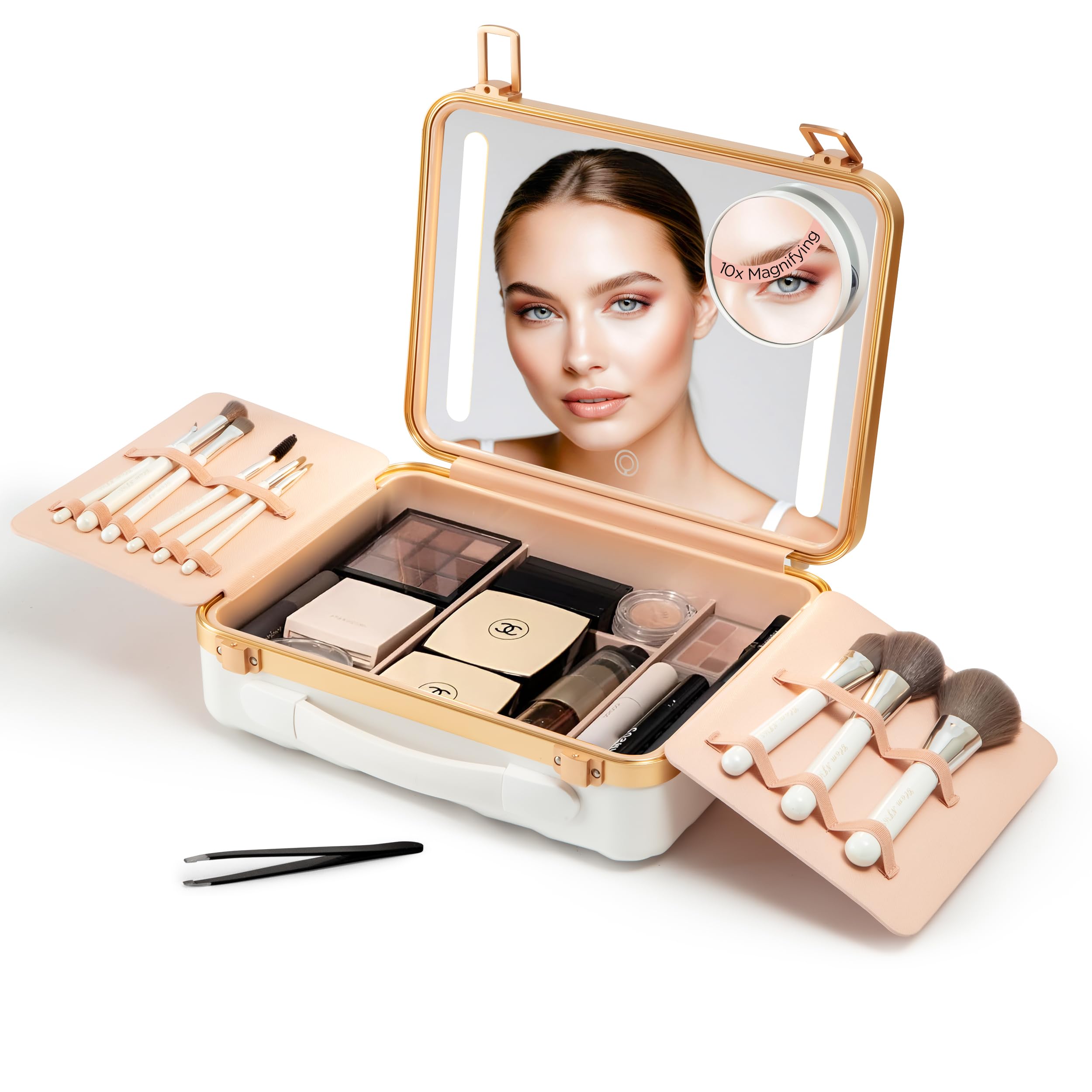 Portable LED Lighted Makeup Case with Mirror - Rechargeable Travel Makeup Organizer with 3 Light Settings & Mini 10x Mirror | Perfect for Travel, Home Vanity, and Professional Makeup Artists