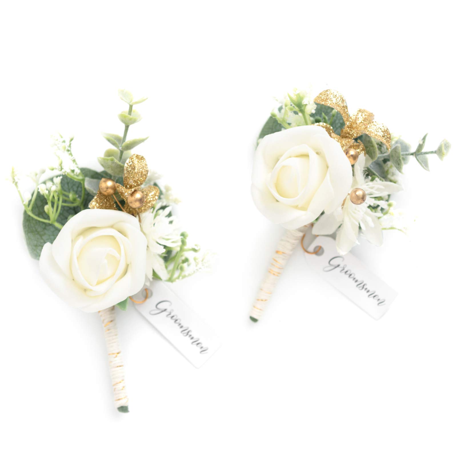 Ling's Moment Boutonniere for Men - 2 Pack Artificial Flower Boutonnieres for Groom & Groomsmen - Ivory White Baby's Breath Wedding Boutonniere - Perfect for Weddings, Prom, Homecoming & Formal Events