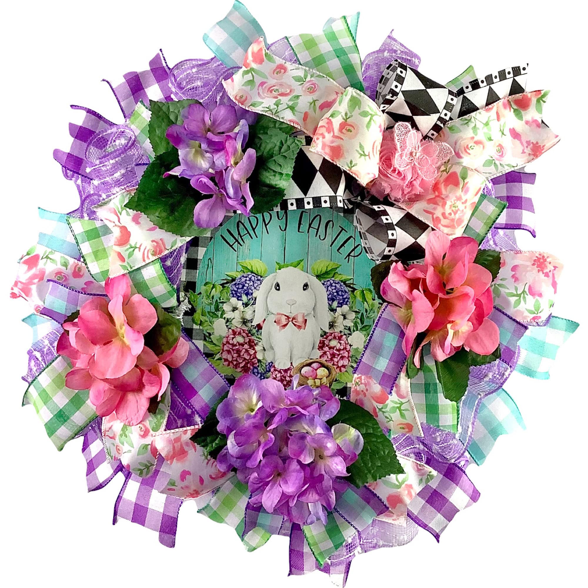Handmade Easter Spring Wreath with Bunny & Hydrangeas - Chiffon Floral Door Decor with Butterfly - Perfect for Front Door, Porch & Spring Home Decorations