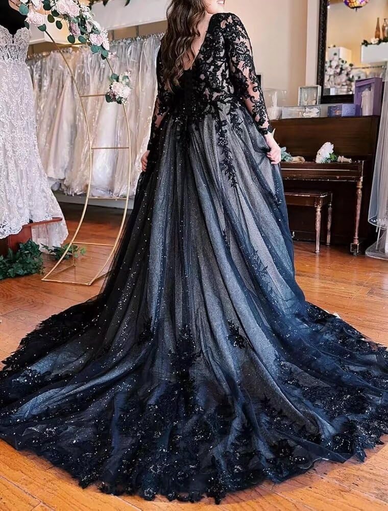Gothic Black Wedding Dress with Long Sleeves – Elegant Lace Applique Bridal Gown for Bride, Tulle Prom Dress | Perfect for Gothic Weddings, Vampire-Themed Parties, and Dark Romance Events