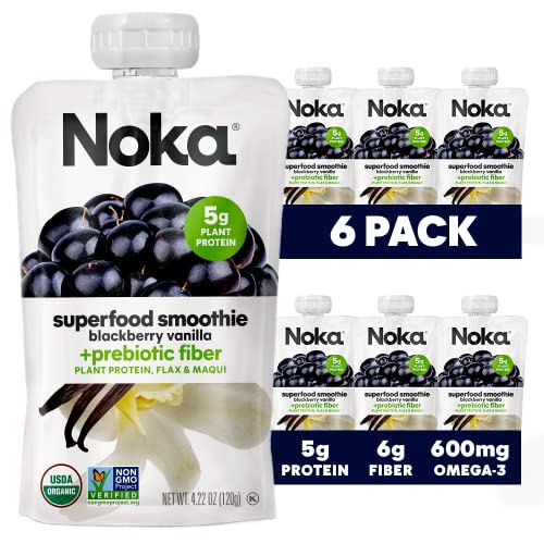 Organic Noka Superfood Fruit Smoothie Pouches - Blackberry Vanilla Flavor | Vegan, Gluten Free Healthy Snacks with Flax Seed, Prebiotic Fiber & Plant Protein | 4.22 oz Squeeze Pouch (6 Pack) | Perfect for On-the-Go Breakfast, Post-Workout Recovery & Kids Lunchboxes
