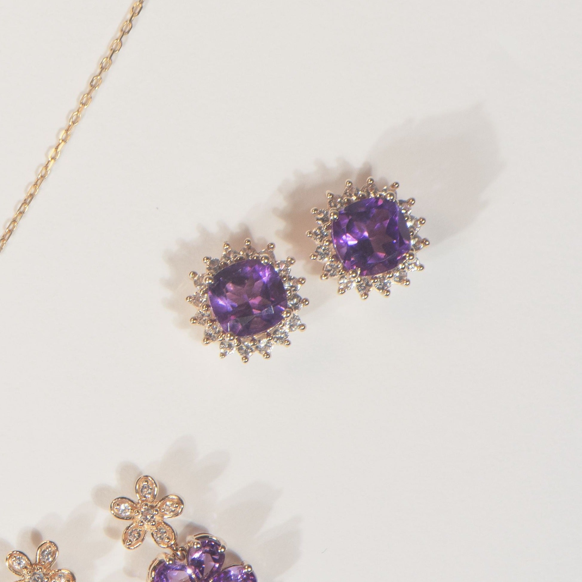 10K Yellow Gold Amethyst and Sapphire Halo Stud Earrings for Women - Elegant Purple Gemstone Jewelry for Daily Wear, Parties & Special Occasions